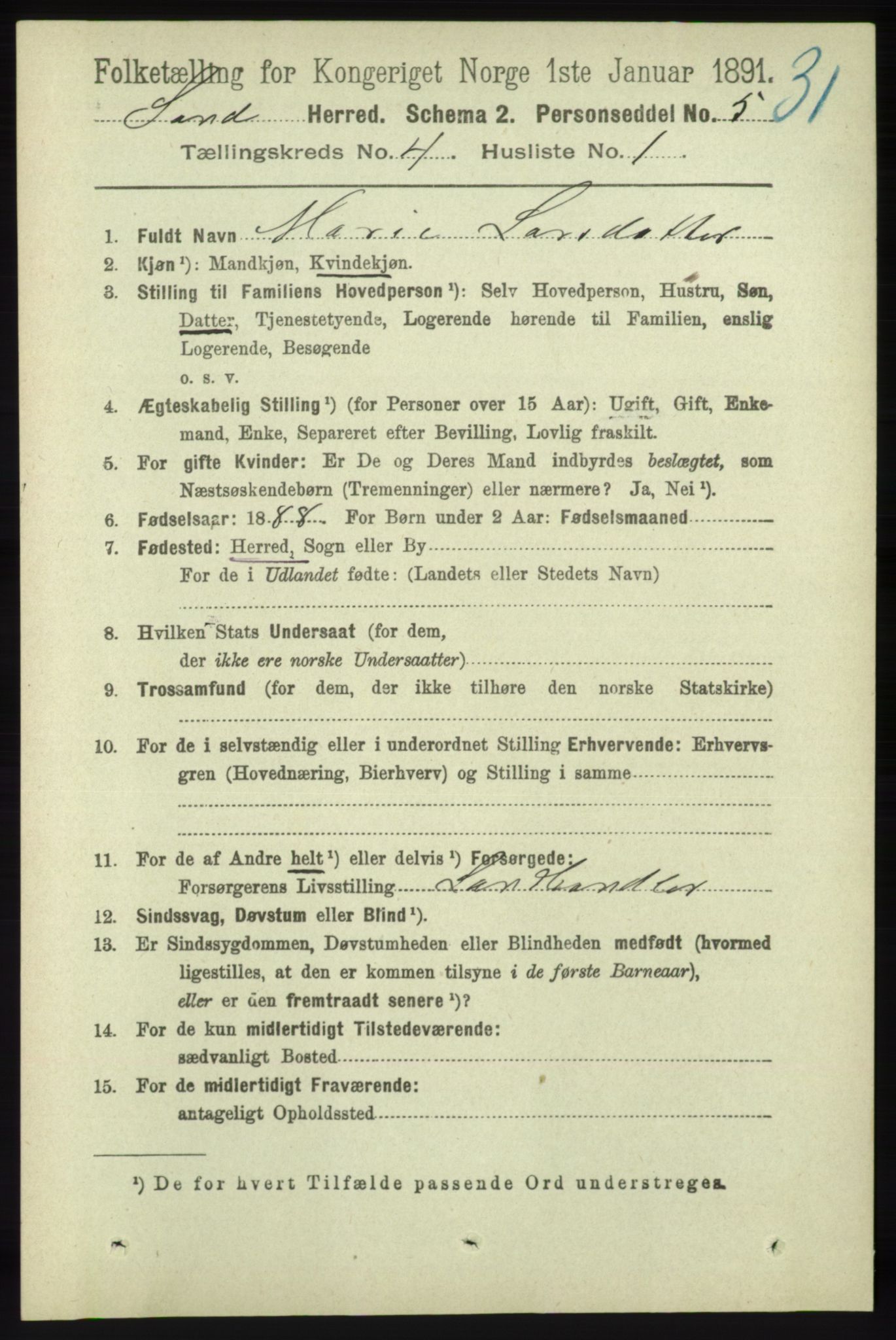 RA, 1891 census for 1136 Sand, 1891, p. 1210