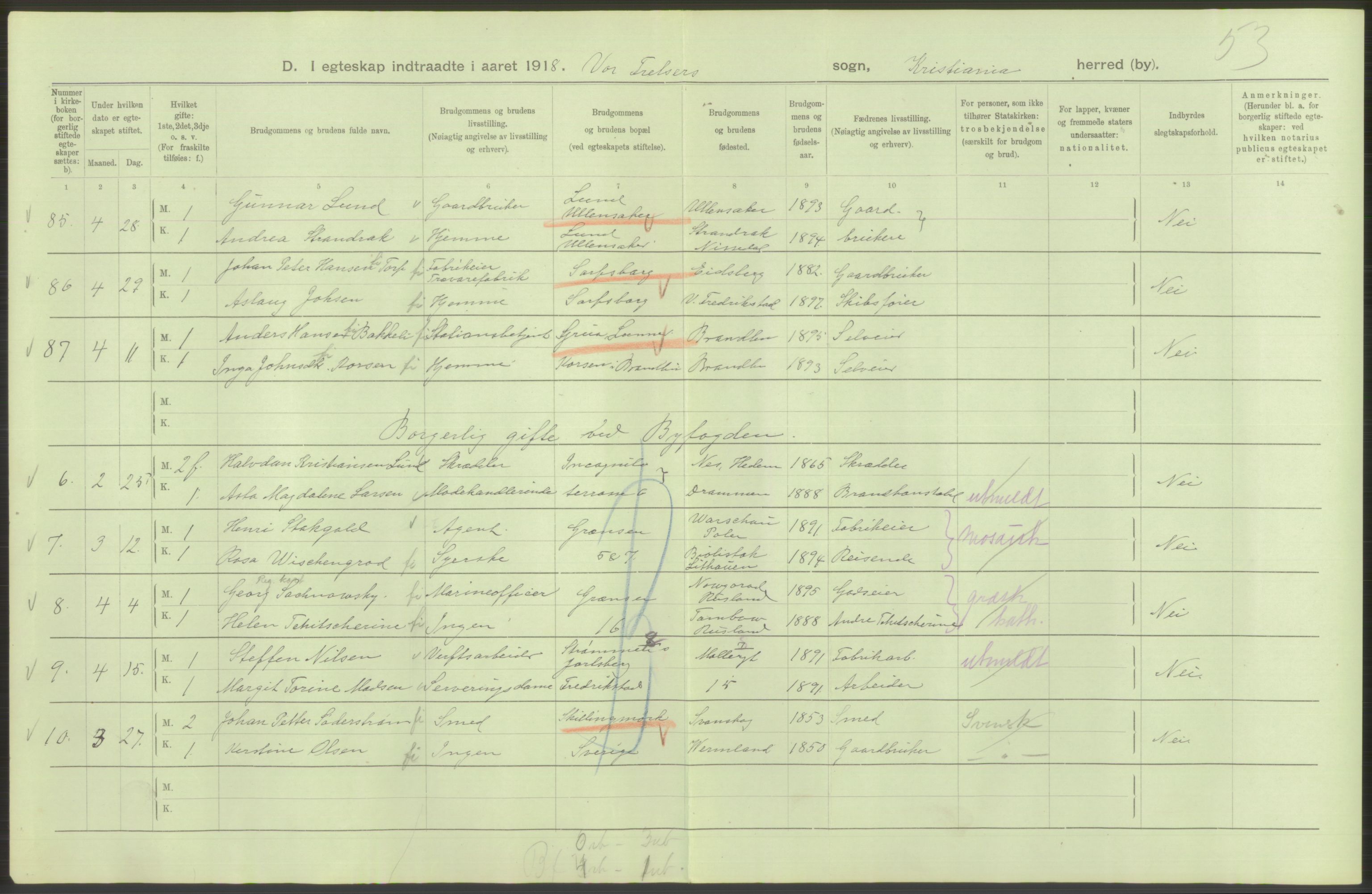 Statistisk sentralbyrå, Sosiodemografiske emner, Befolkning, AV/RA-S-2228/D/Df/Dfb/Dfbh/L0009: Kristiania: Gifte, 1918, p. 66