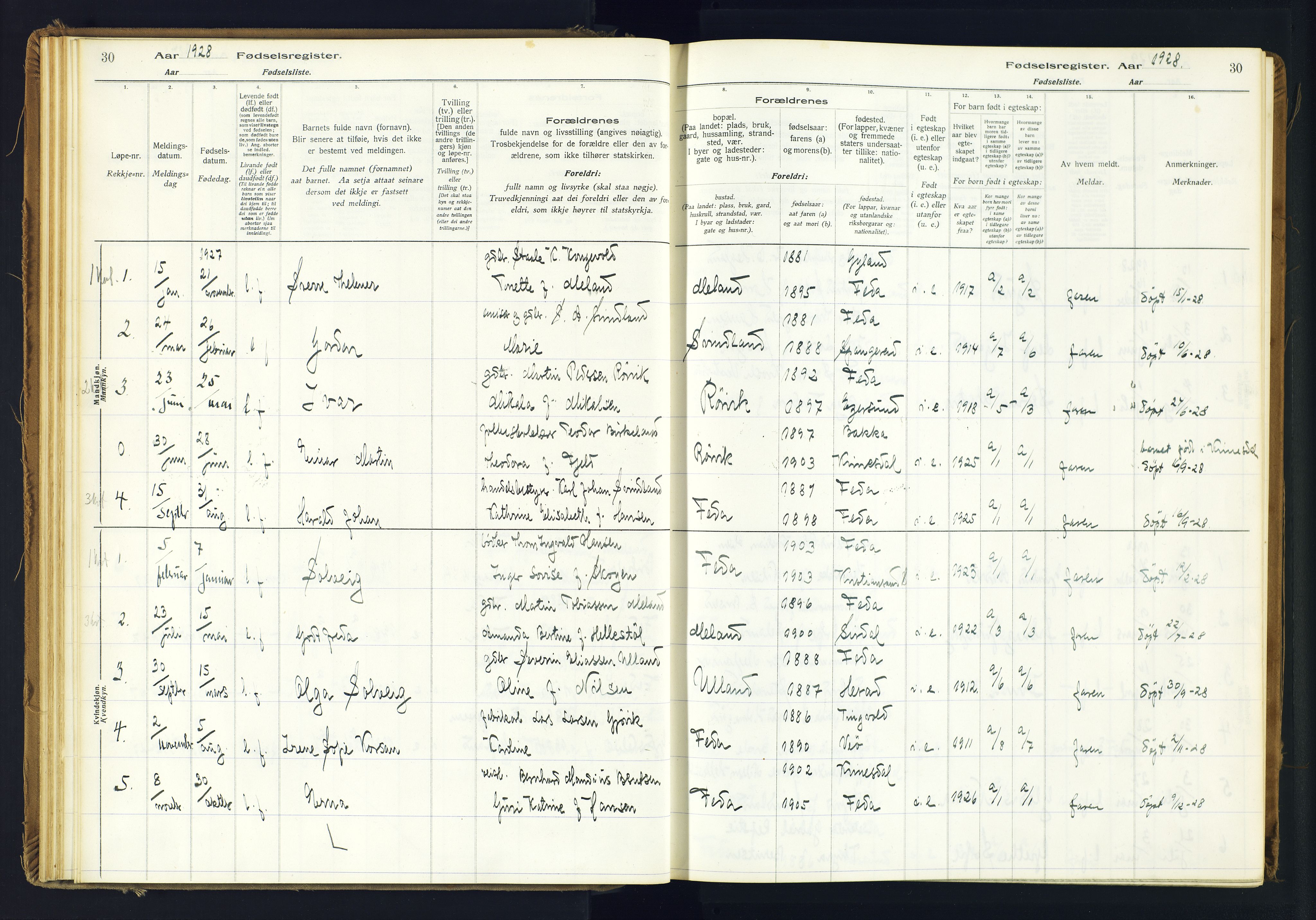 Kvinesdal sokneprestkontor, AV/SAK-1111-0026/J/Ja/L0005: Birth register no. 5, 1916-1982, p. 30