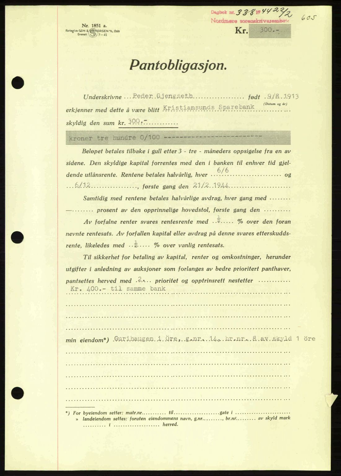 Nordmøre sorenskriveri, AV/SAT-A-4132/1/2/2Ca: Mortgage book no. B91, 1943-1944, Diary no: : 338/1944