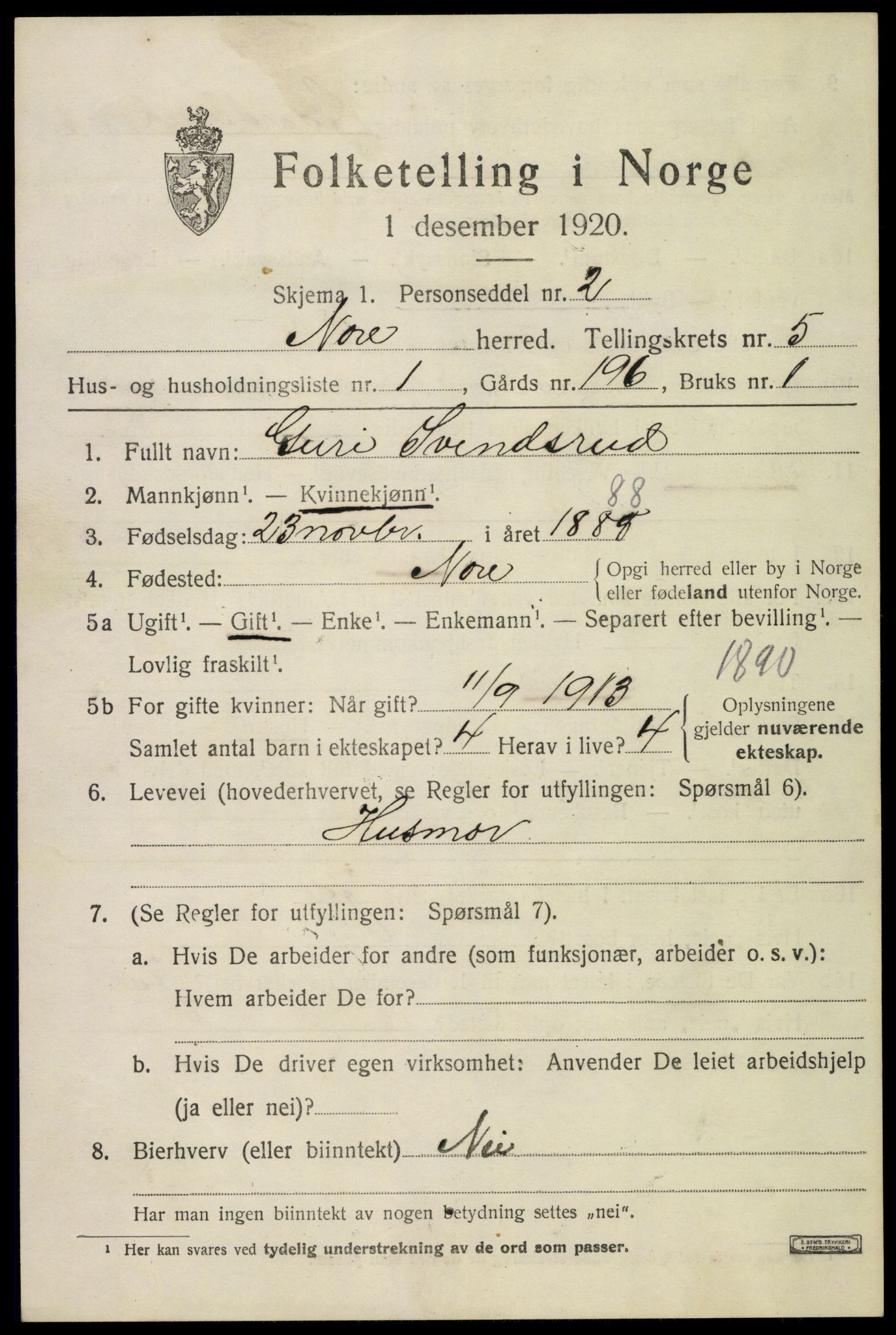 SAKO, 1920 census for Nore, 1920, p. 2212