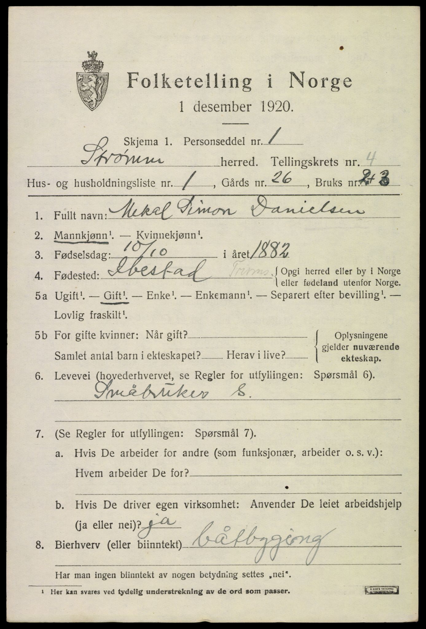 SAKO, 1920 census for Strømm, 1920, p. 3145