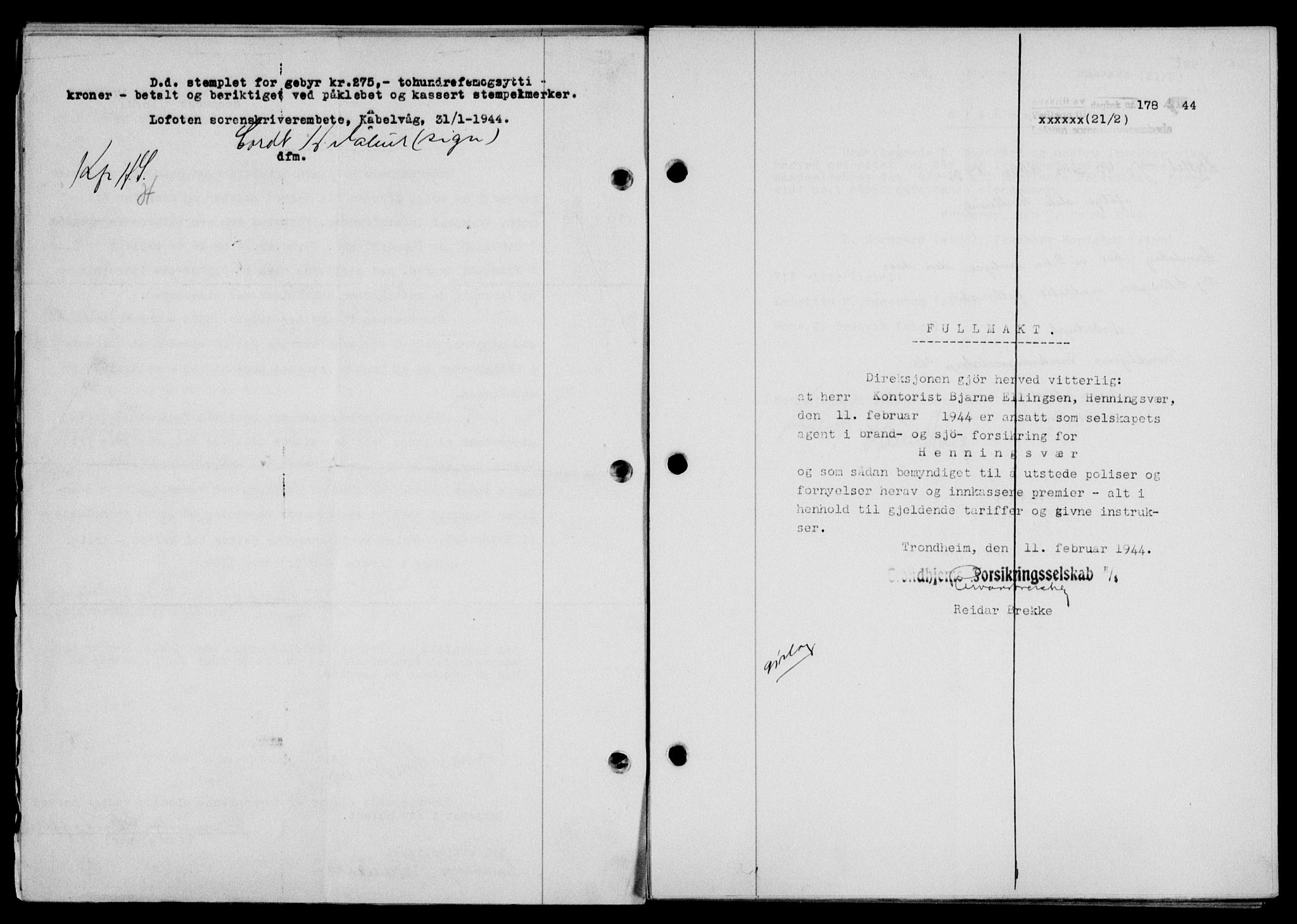 Lofoten sorenskriveri, SAT/A-0017/1/2/2C/L0012a: Mortgage book no. 12a, 1943-1944, Diary no: : 178/1944