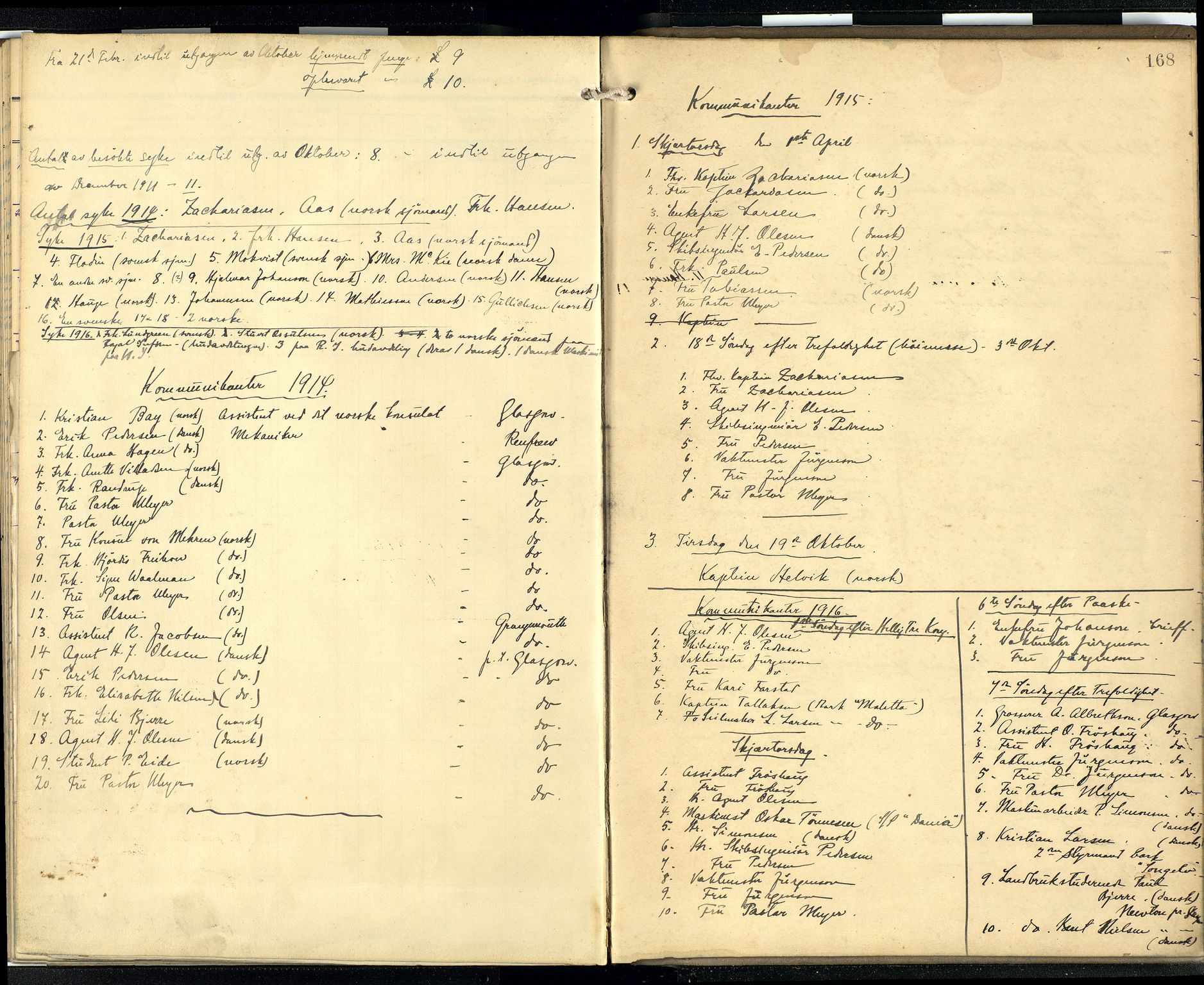 Den norske sjømannsmisjon i utlandet/Skotske havner (Leith, Glasgow), SAB/SAB/PA-0100/H/Ha/Hab/L0001: Parish register (official) no. A 1, 1902-1931, p. 167b-168a