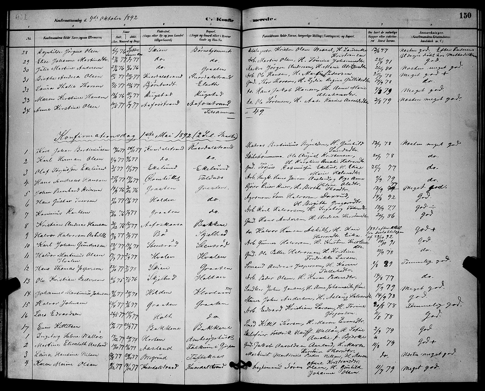 Solum kirkebøker, SAKO/A-306/G/Ga/L0007: Parish register (copy) no. I 7, 1884-1898, p. 150