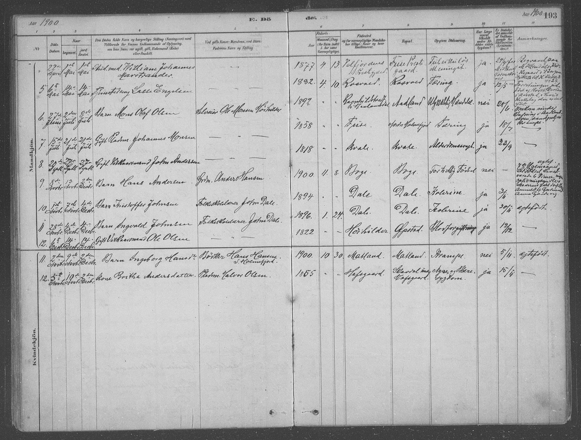 Fusa sokneprestembete, SAB/A-75401/H/Haa: Parish register (official) no. B 1, 1880-1938, p. 193