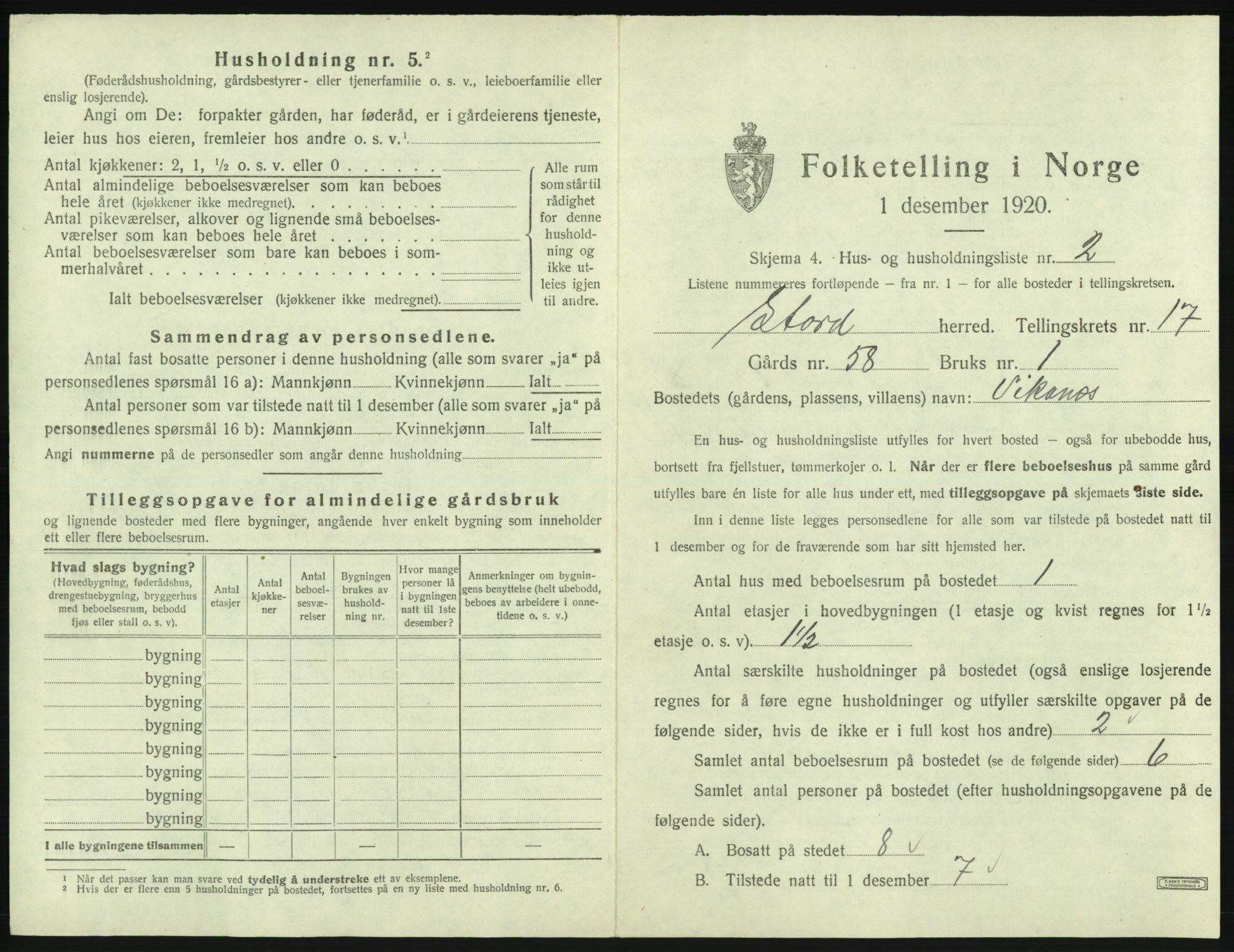 SAB, 1920 census for Stord, 1920, p. 1197