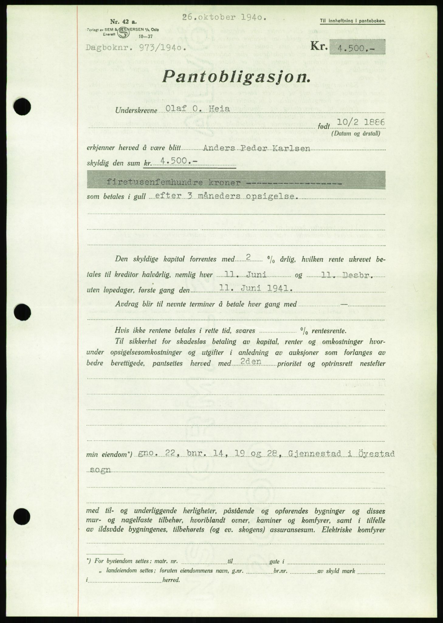 Nedenes sorenskriveri, AV/SAK-1221-0006/G/Gb/Gbb/L0001: Mortgage book no. I, 1939-1942, Diary no: : 973/1940