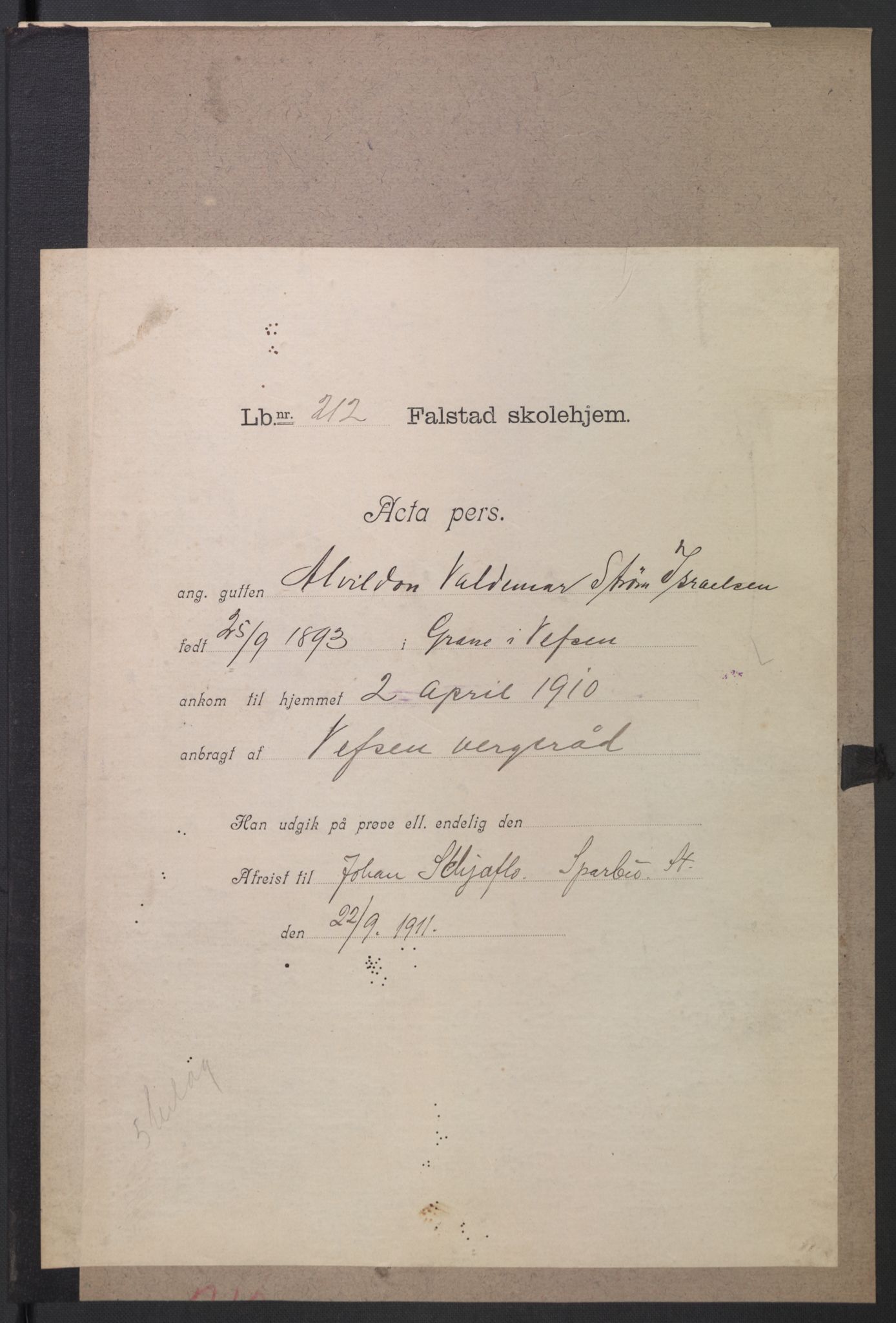 Falstad skolehjem, AV/RA-S-1676/E/Eb/L0010: Elevmapper løpenr. 210-239, 1910-1917, p. 43