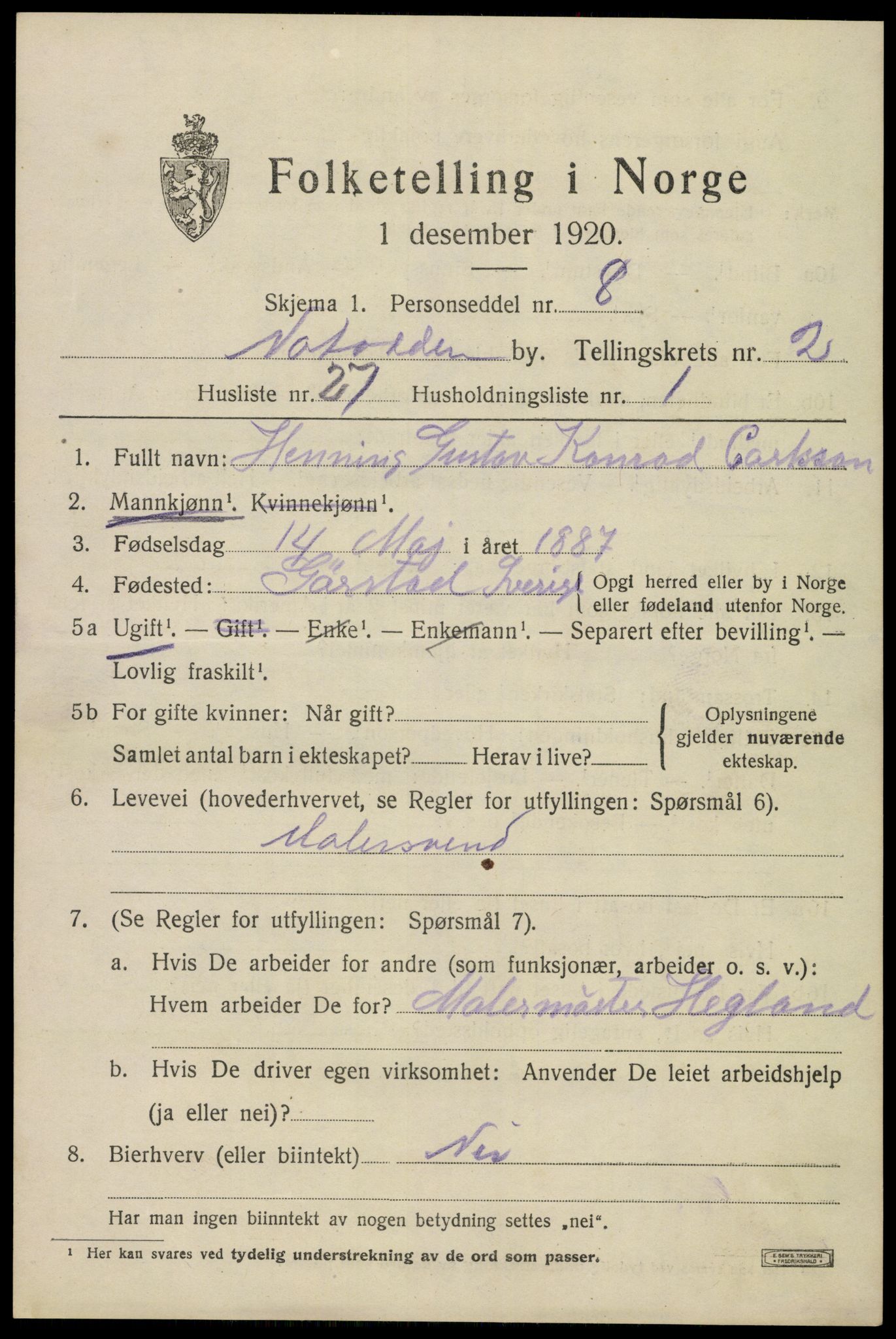 SAKO, 1920 census for Notodden, 1920, p. 6920