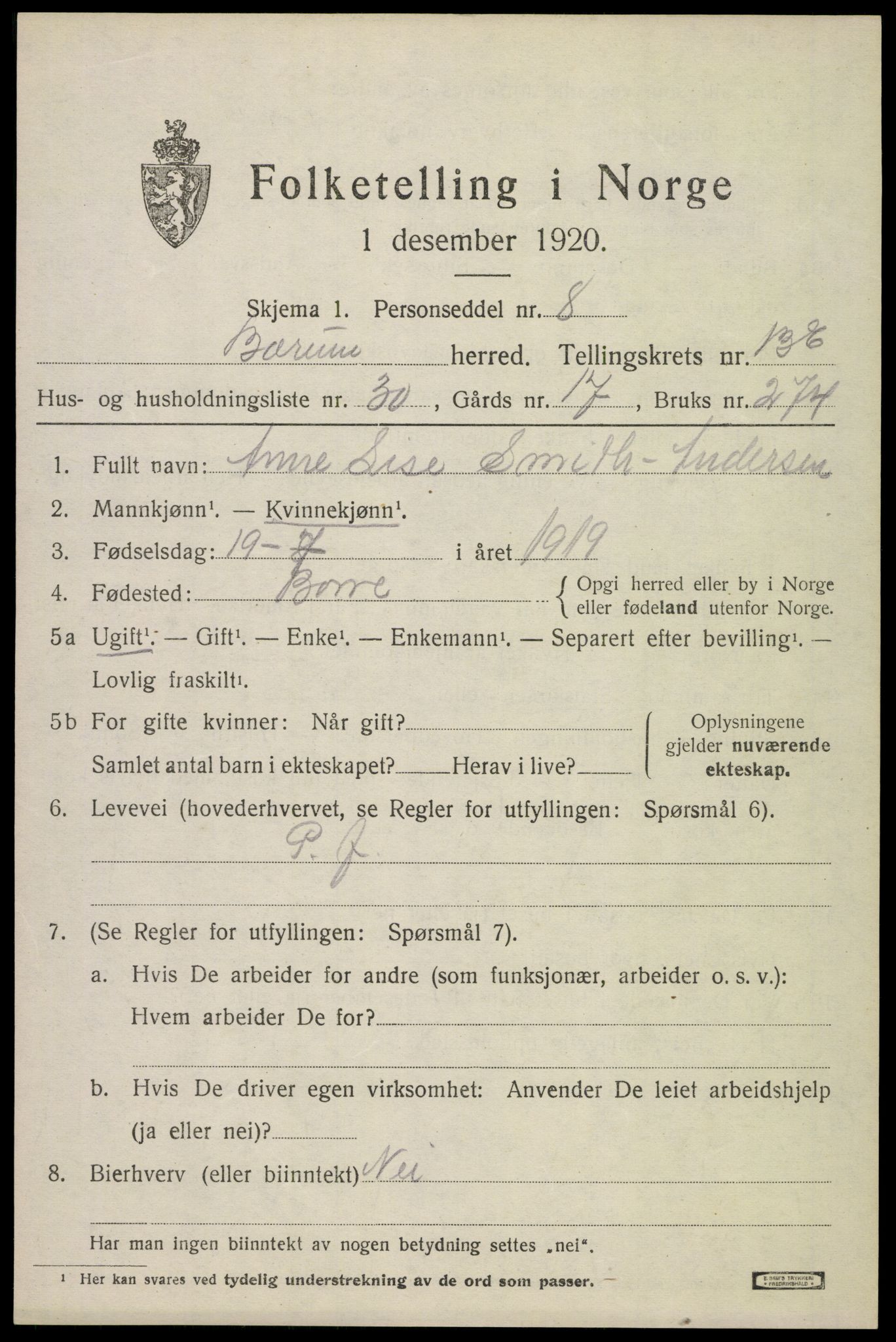 SAO, 1920 census for Bærum, 1920, p. 38204