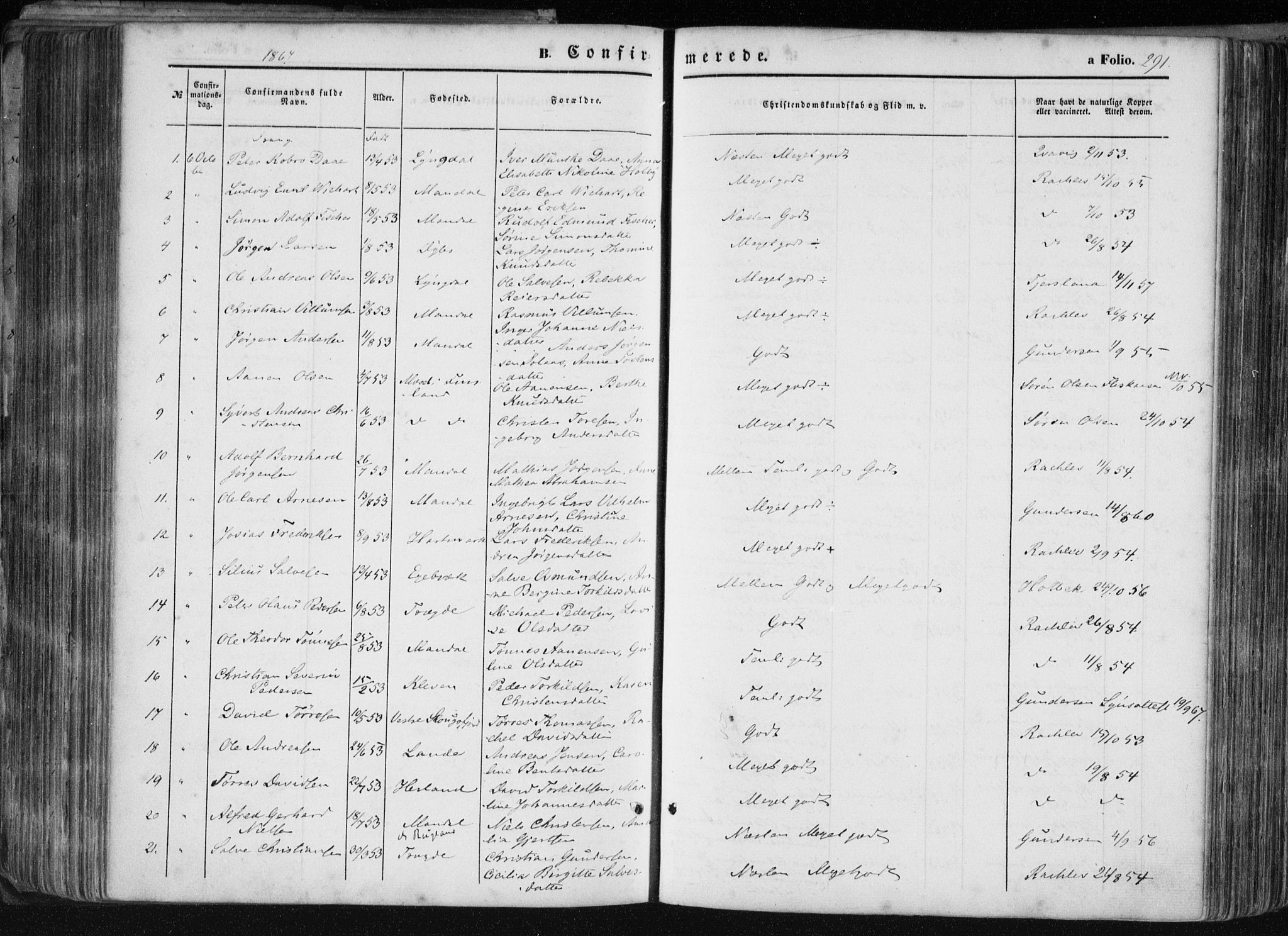 Mandal sokneprestkontor, AV/SAK-1111-0030/F/Fa/Faa/L0014: Parish register (official) no. A 14, 1859-1872, p. 291