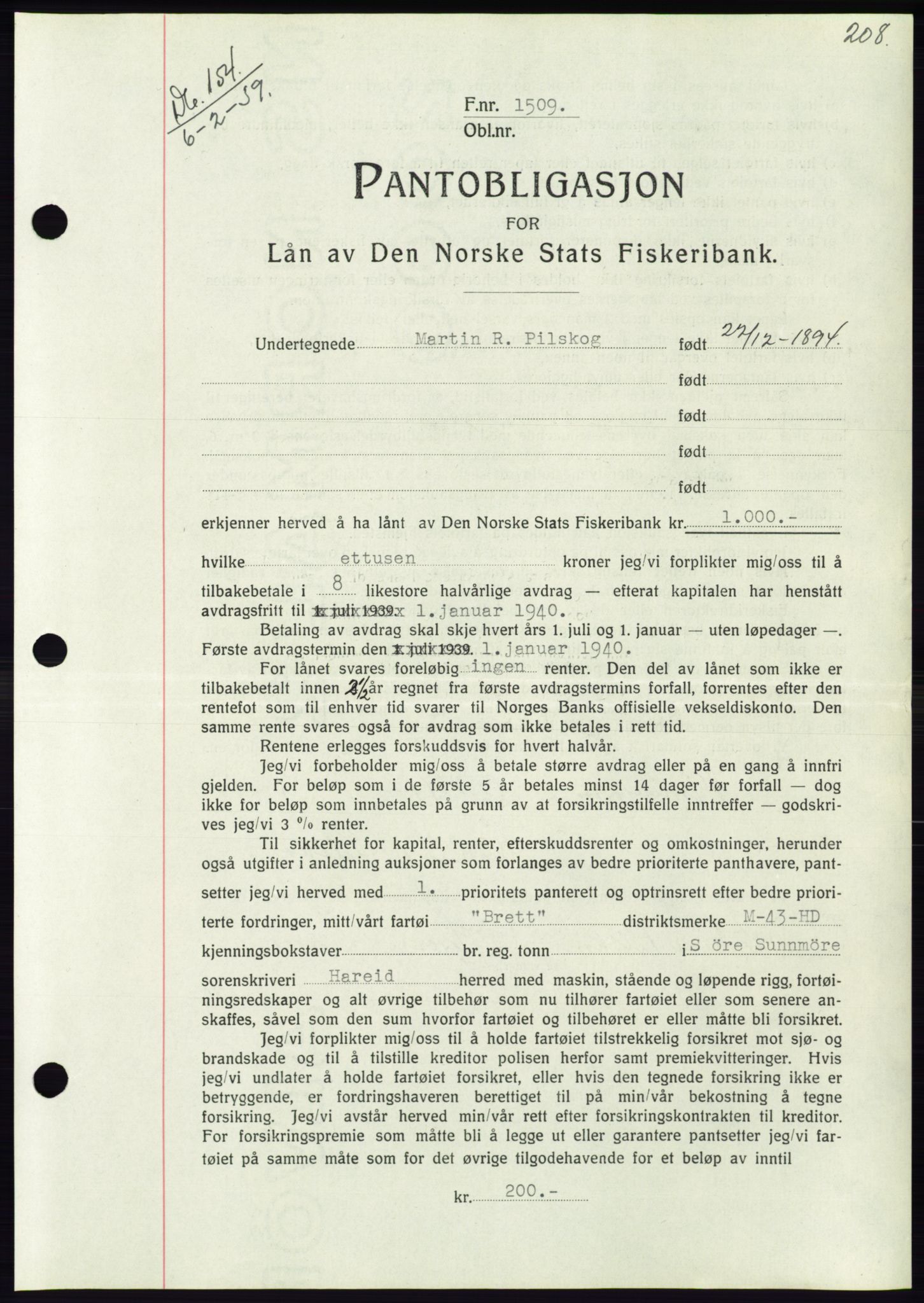 Søre Sunnmøre sorenskriveri, AV/SAT-A-4122/1/2/2C/L0067: Mortgage book no. 61, 1938-1939, Diary no: : 154/1939