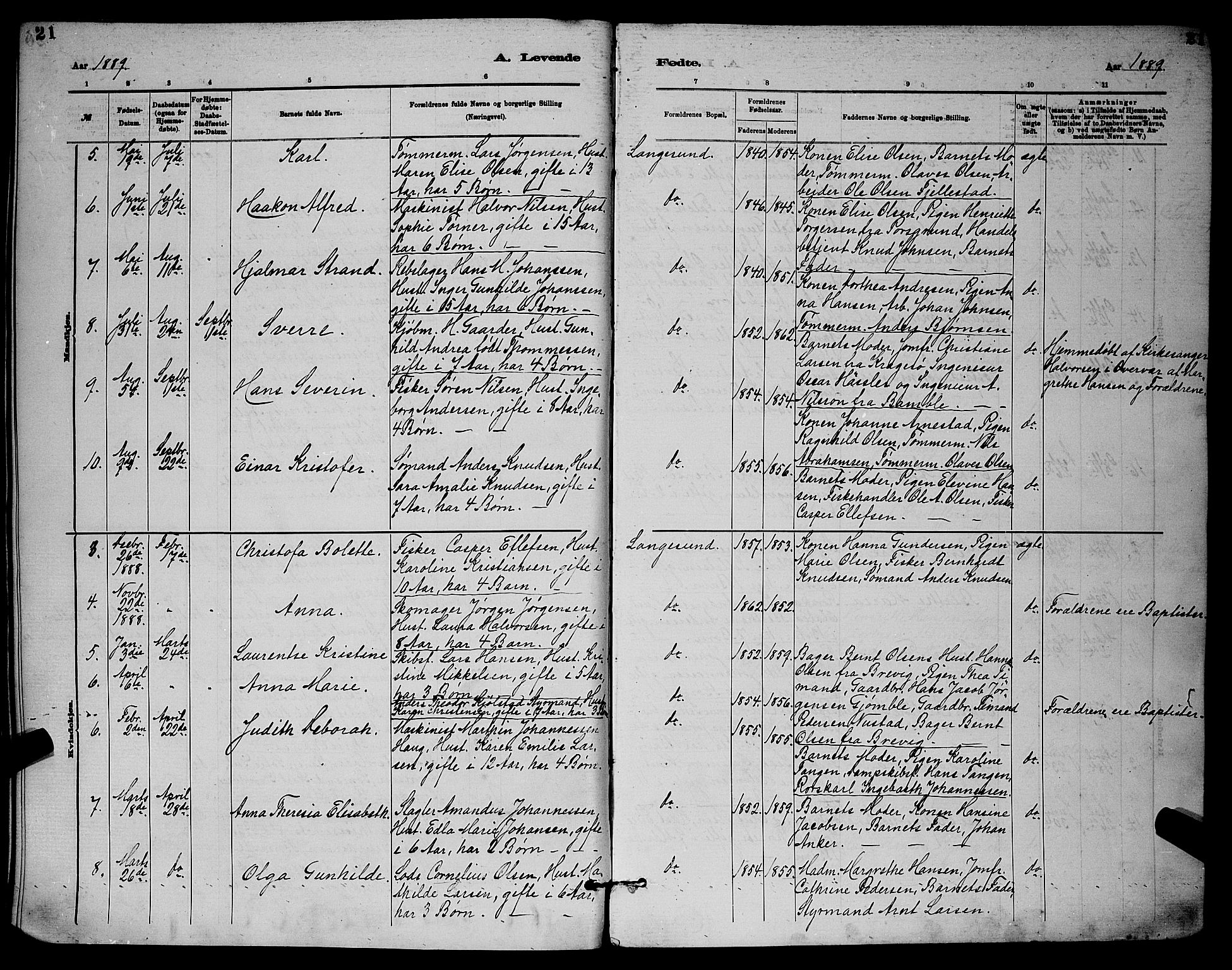 Langesund kirkebøker, SAKO/A-280/G/Ga/L0005: Parish register (copy) no. 5, 1884-1898, p. 21