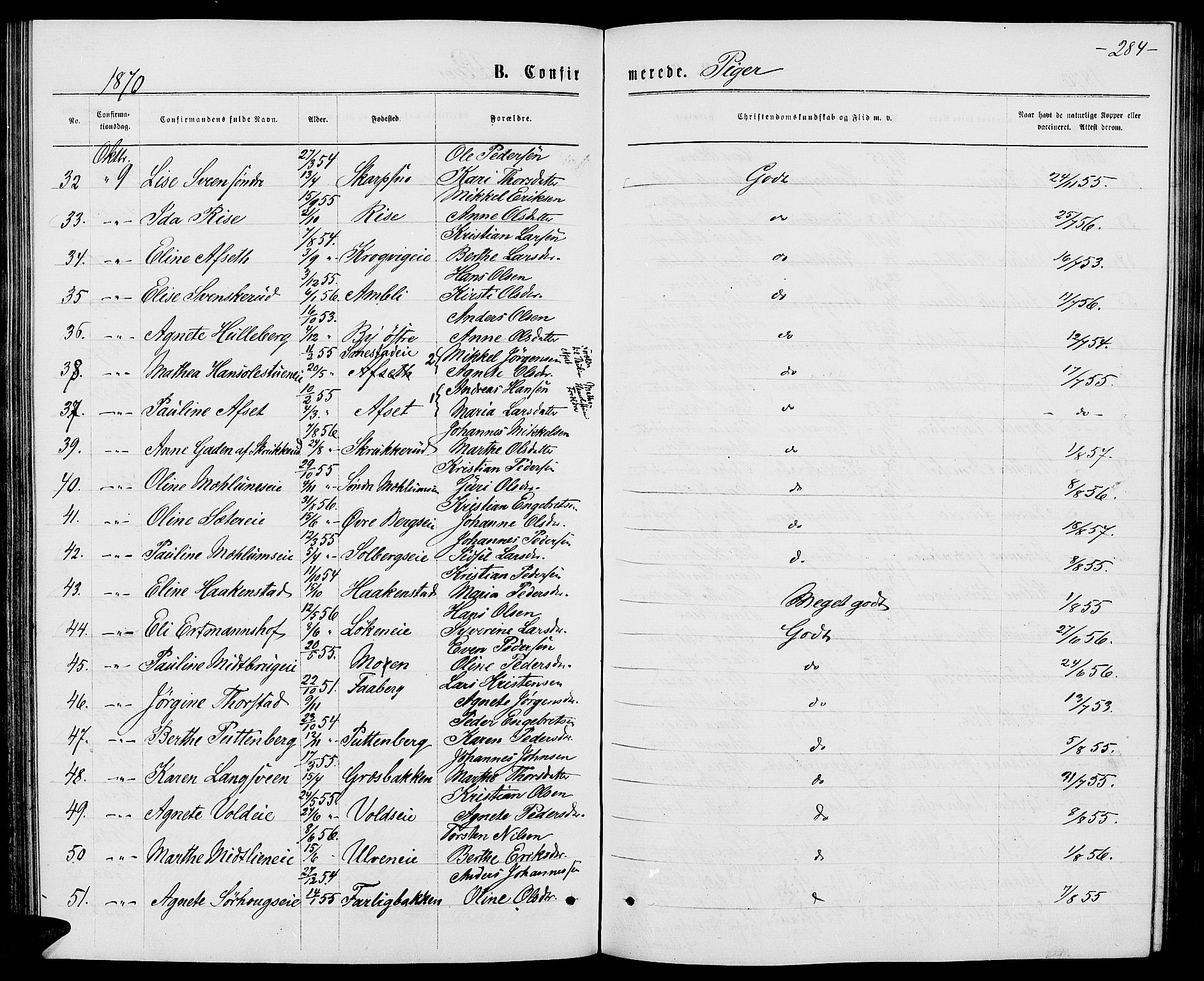 Ringsaker prestekontor, AV/SAH-PREST-014/L/La/L0008: Parish register (copy) no. 8, 1870-1878, p. 284