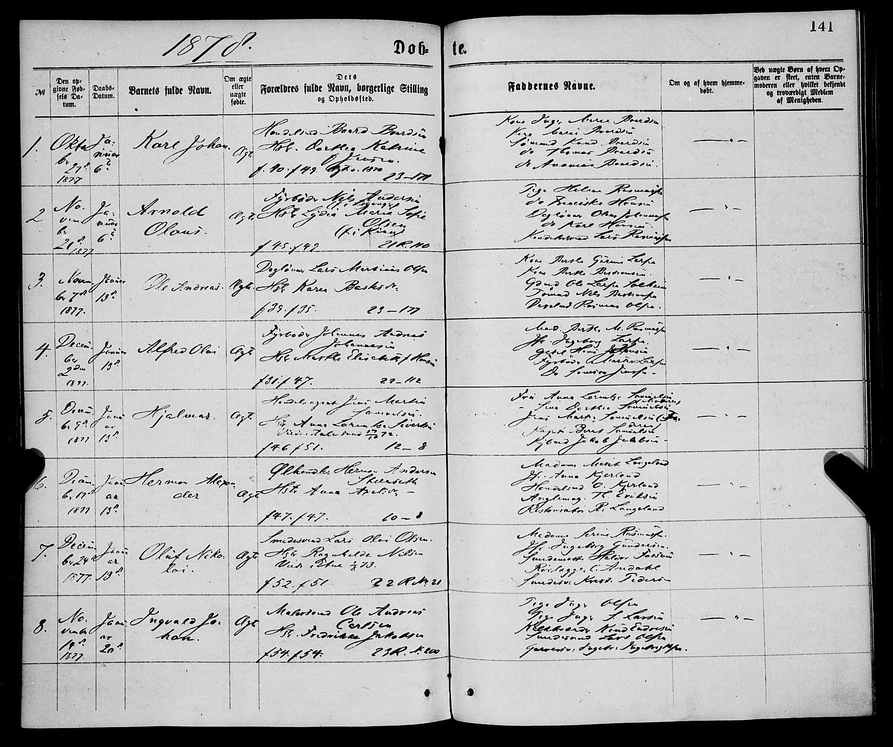 Korskirken sokneprestembete, SAB/A-76101/H/Haa/L0020: Parish register (official) no. B 6, 1871-1878, p. 141