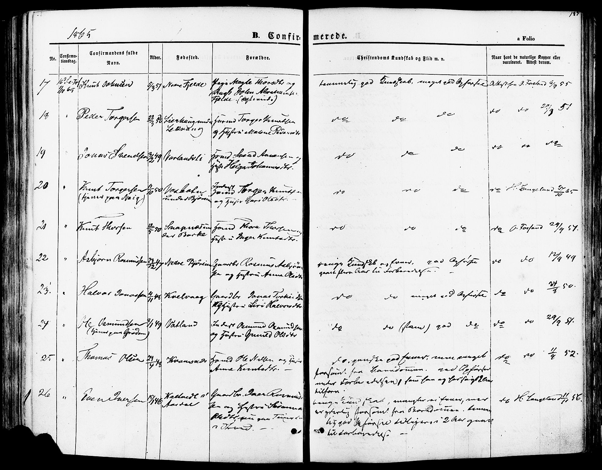 Strand sokneprestkontor, SAST/A-101828/H/Ha/Haa/L0007: Parish register (official) no. A 7, 1855-1881, p. 187