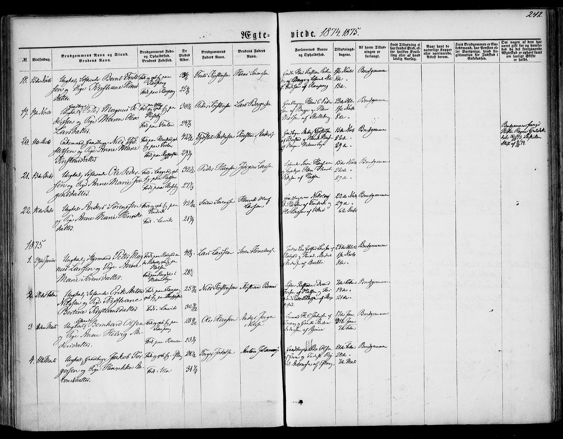 Tjølling kirkebøker, AV/SAKO-A-60/F/Fa/L0007: Parish register (official) no. 7, 1860-1876, p. 242