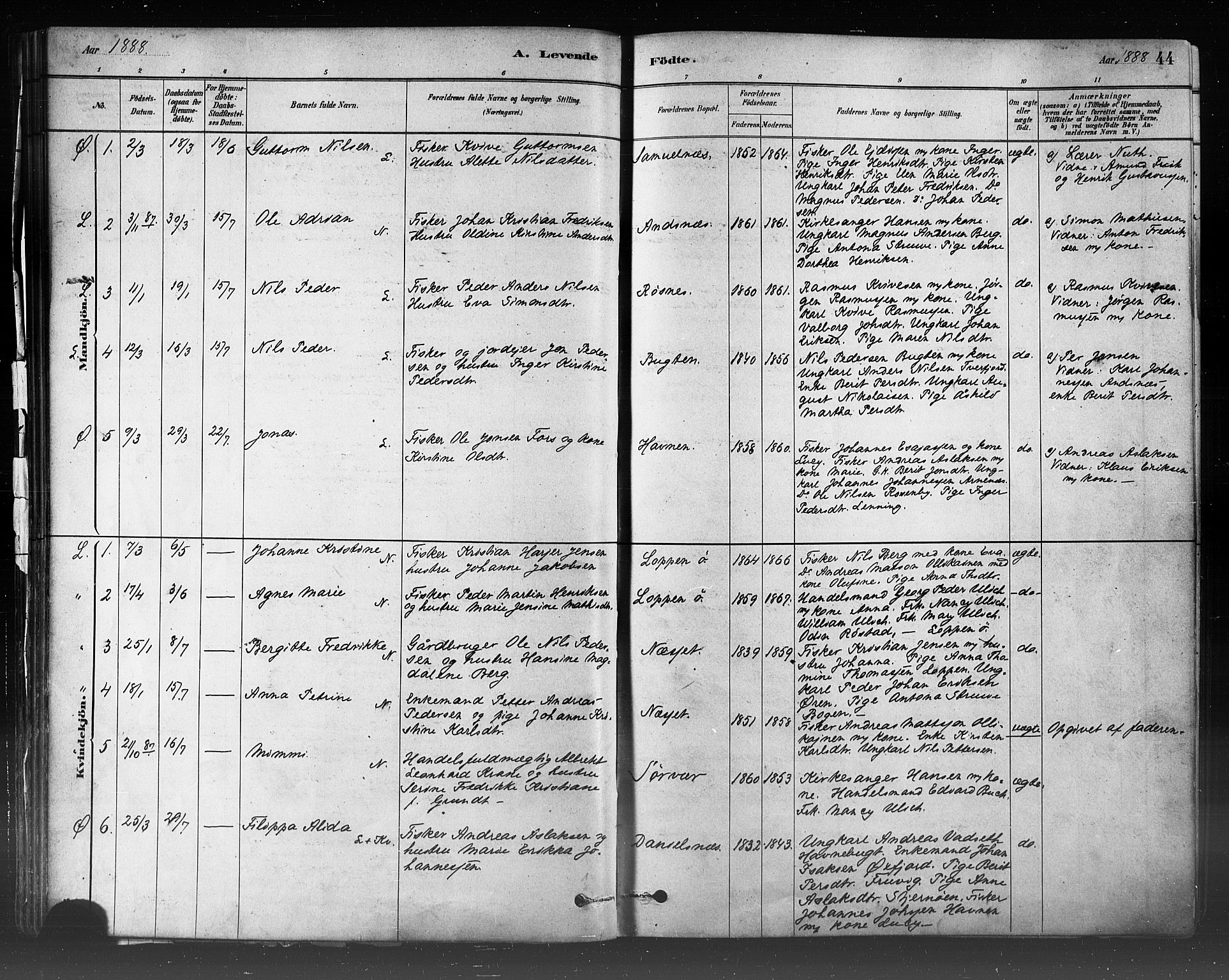 Loppa sokneprestkontor, AV/SATØ-S-1339/H/Ha/L0006kirke: Parish register (official) no. 6, 1879-1895, p. 44