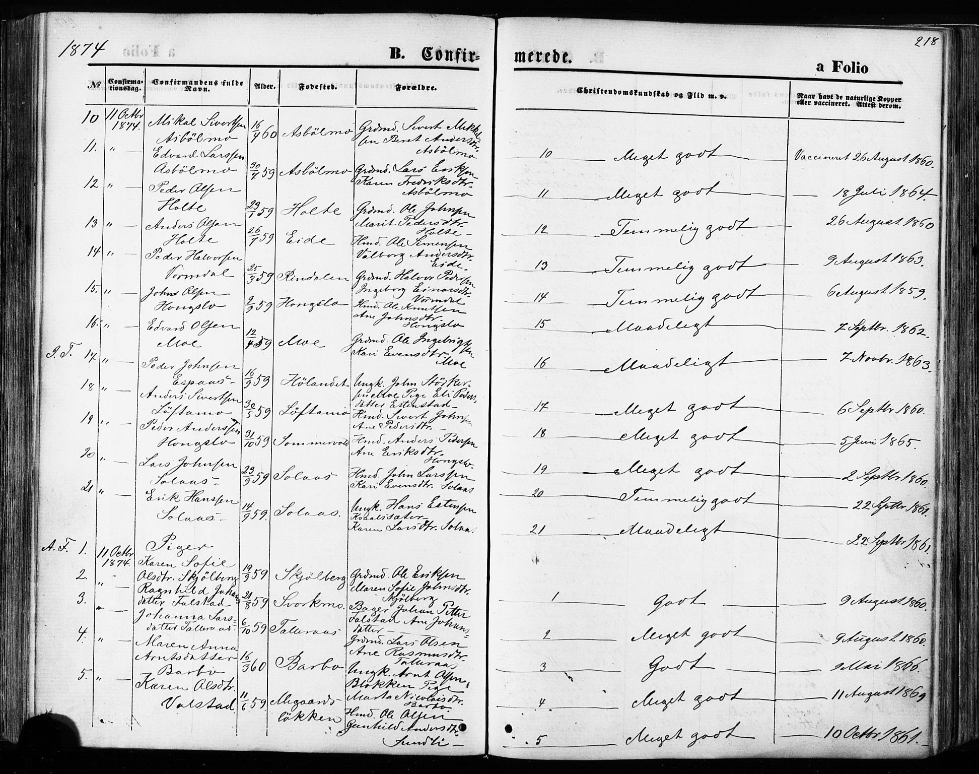 Ministerialprotokoller, klokkerbøker og fødselsregistre - Sør-Trøndelag, AV/SAT-A-1456/668/L0807: Parish register (official) no. 668A07, 1870-1880, p. 218