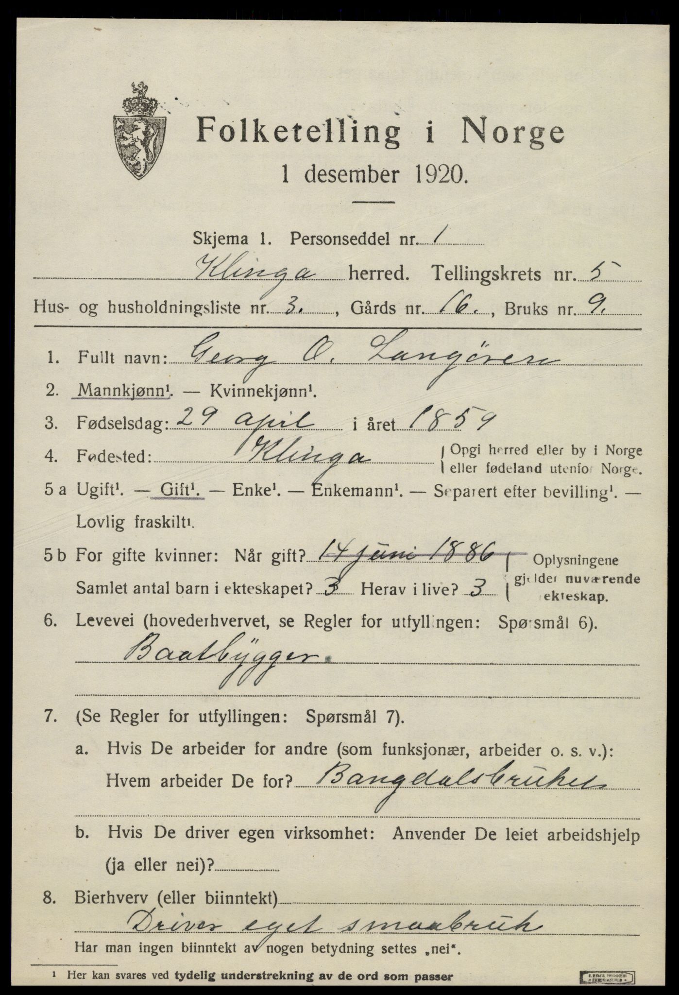 SAT, 1920 census for Klinga, 1920, p. 2871