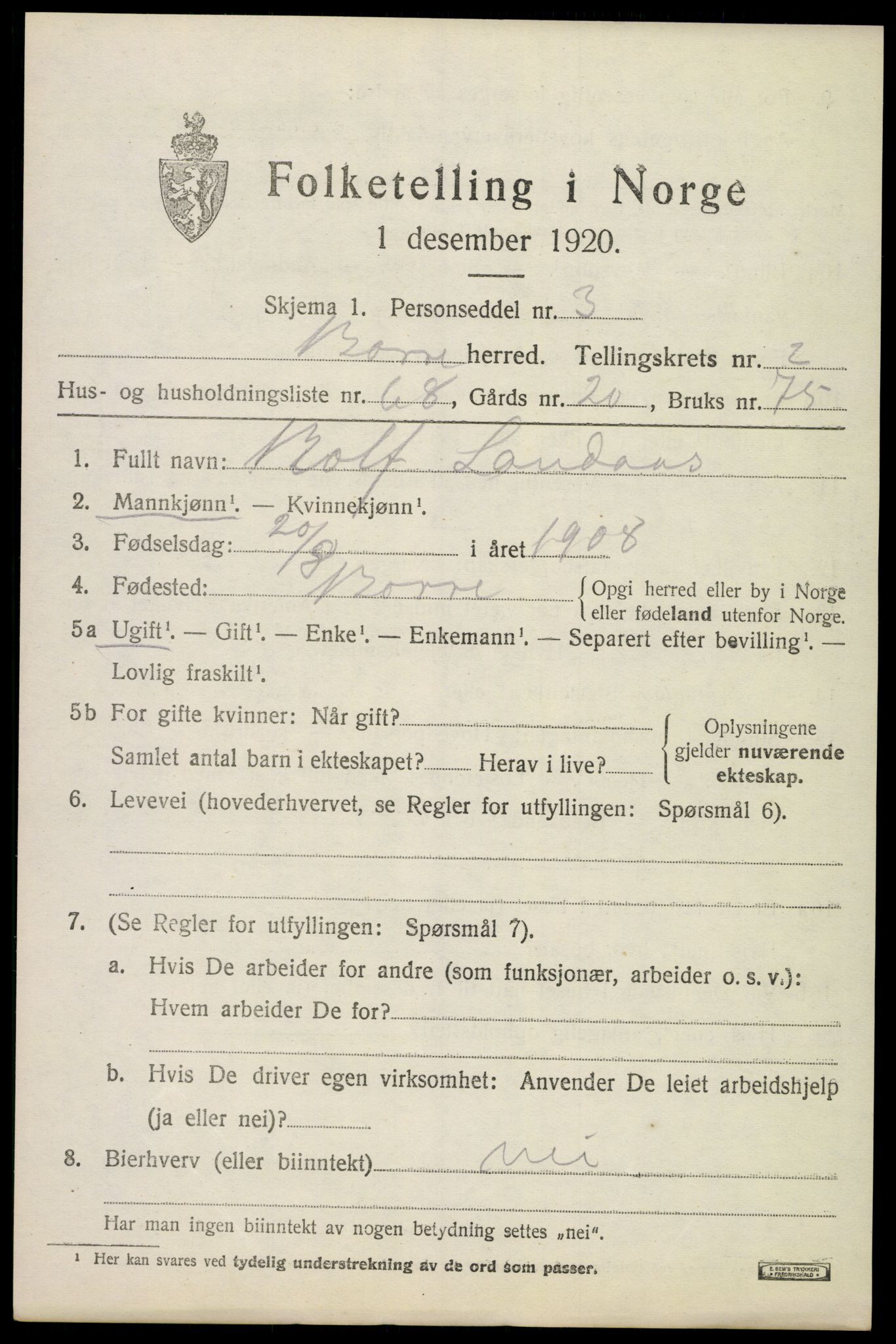 SAKO, 1920 census for Borre, 1920, p. 4964