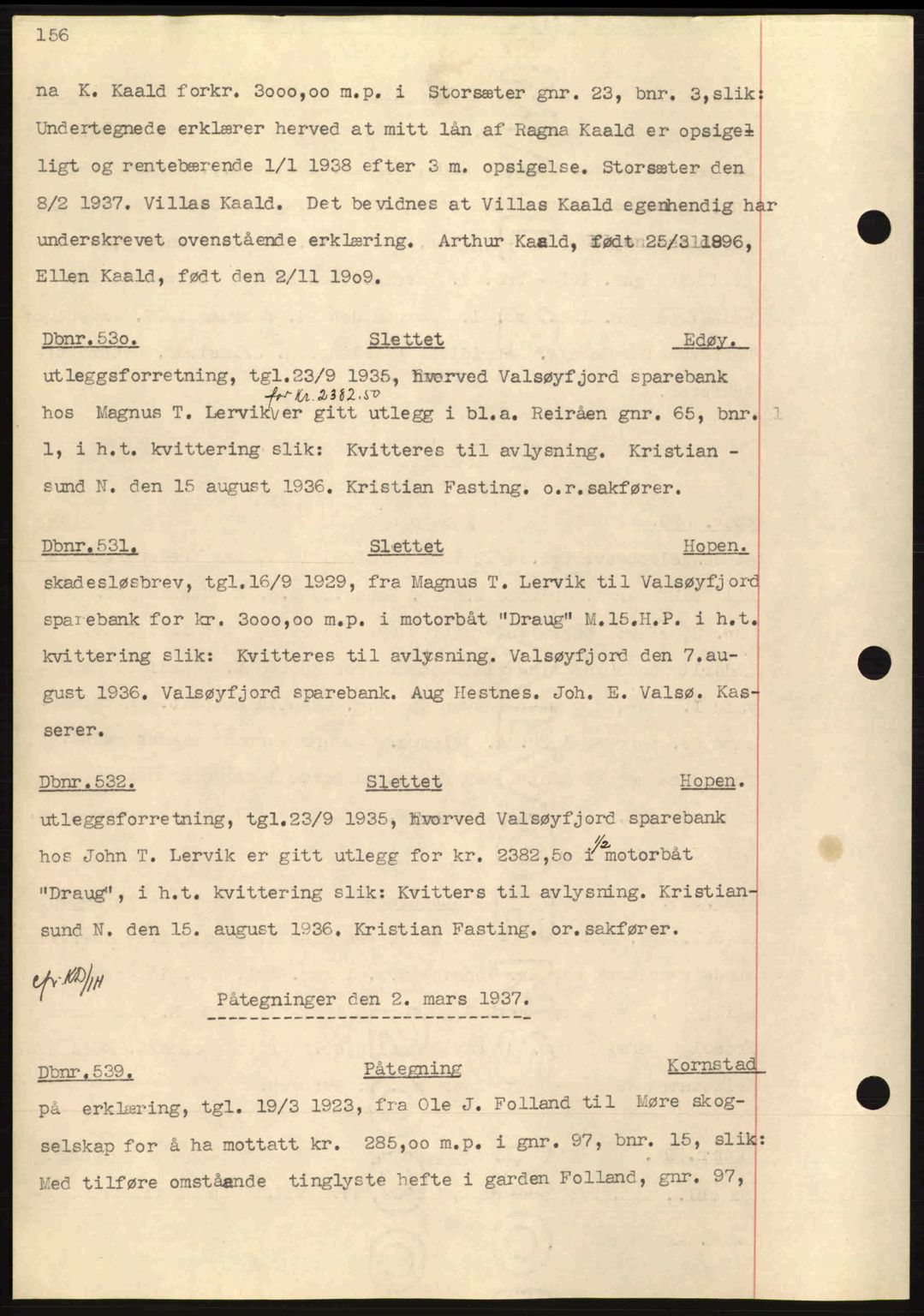 Nordmøre sorenskriveri, AV/SAT-A-4132/1/2/2Ca: Mortgage book no. C80, 1936-1939, Diary no: : 530/1937