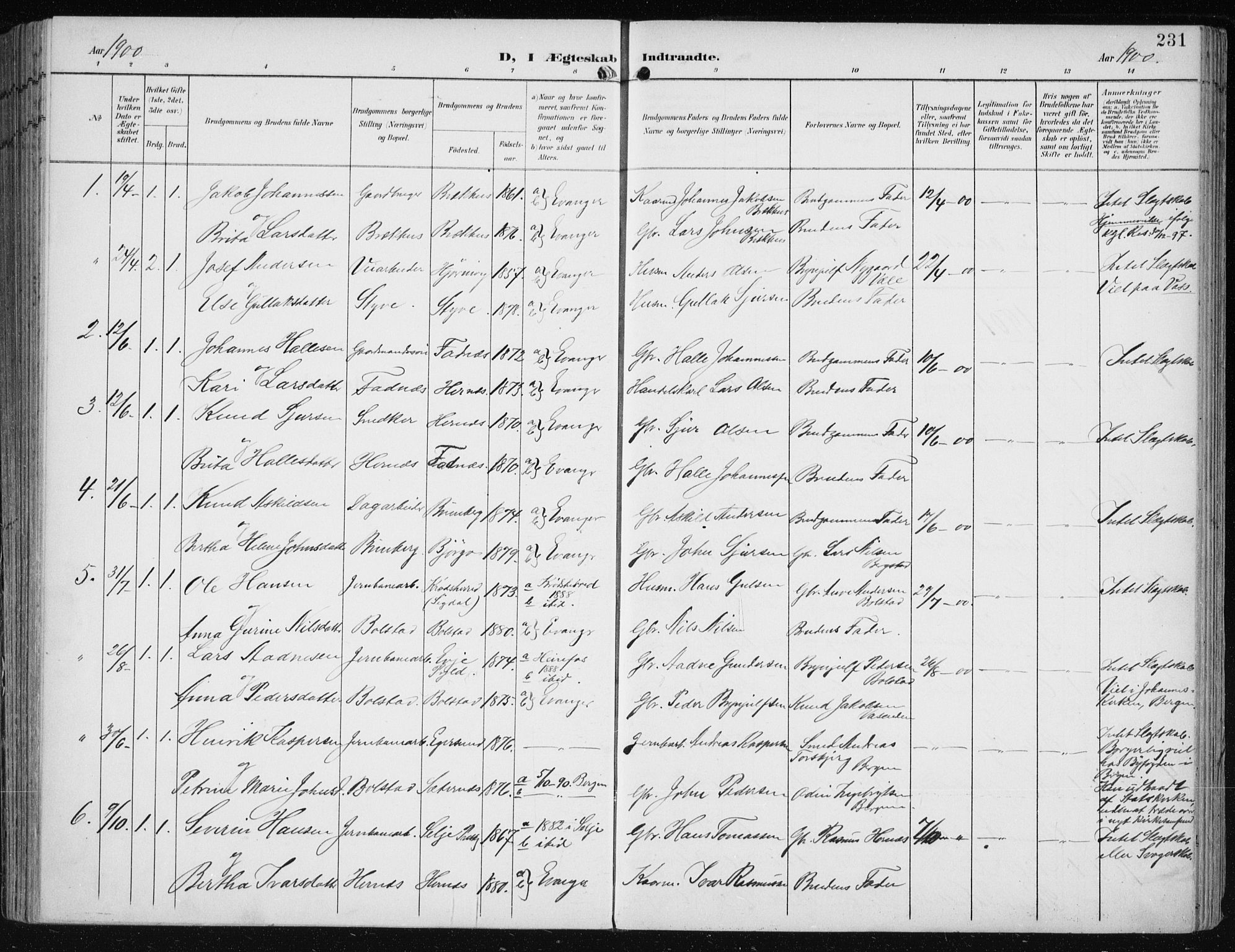 Evanger sokneprestembete, AV/SAB-A-99924: Parish register (official) no. A  3, 1900-1930, p. 231