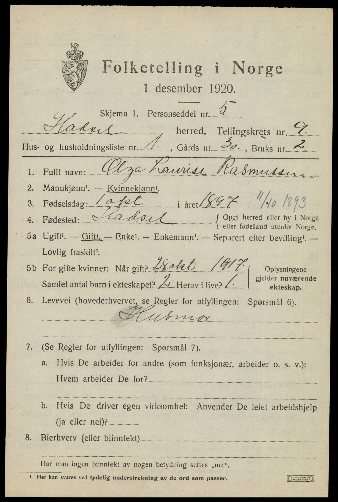 SAT, 1920 census for Hadsel, 1920, p. 7672