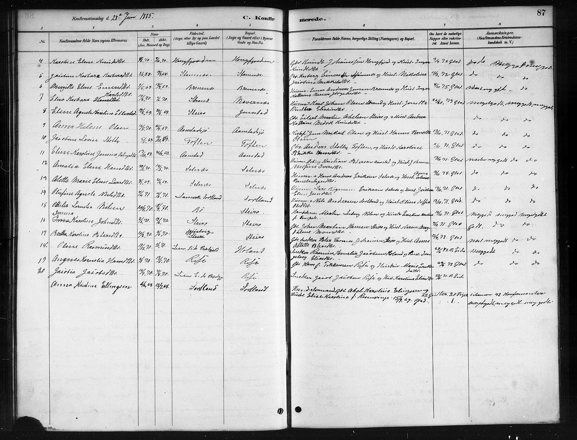 Ministerialprotokoller, klokkerbøker og fødselsregistre - Nordland, AV/SAT-A-1459/895/L1382: Parish register (copy) no. 895C04, 1885-1896, p. 87