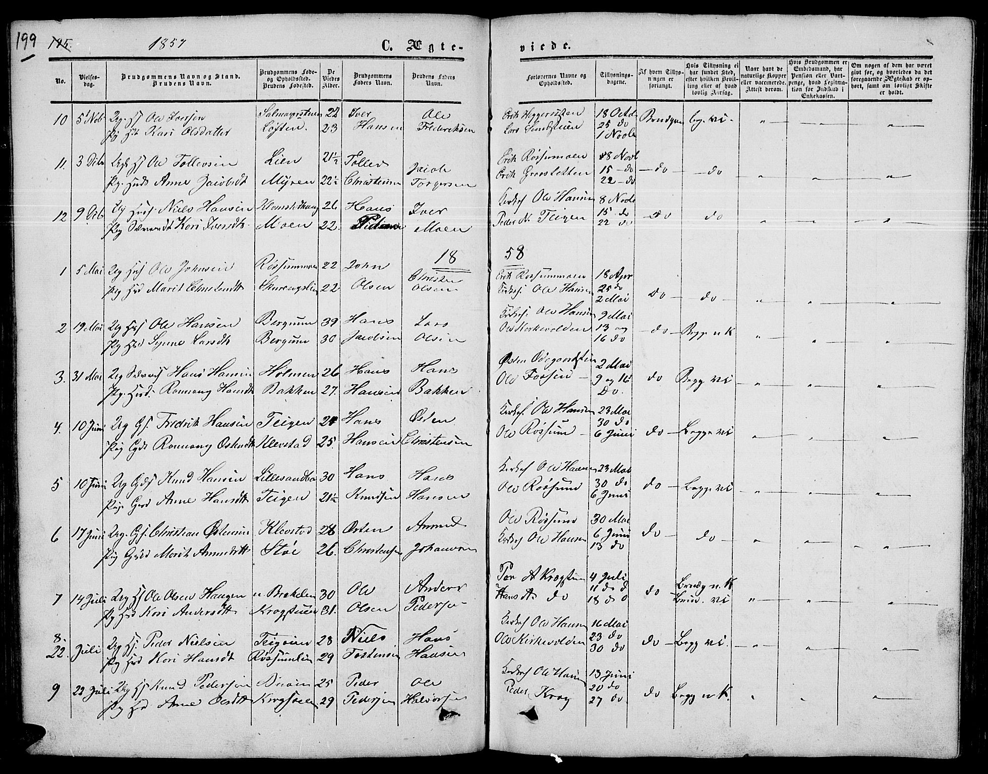 Nord-Fron prestekontor, SAH/PREST-080/H/Ha/Hab/L0003: Parish register (copy) no. 3, 1851-1886, p. 199