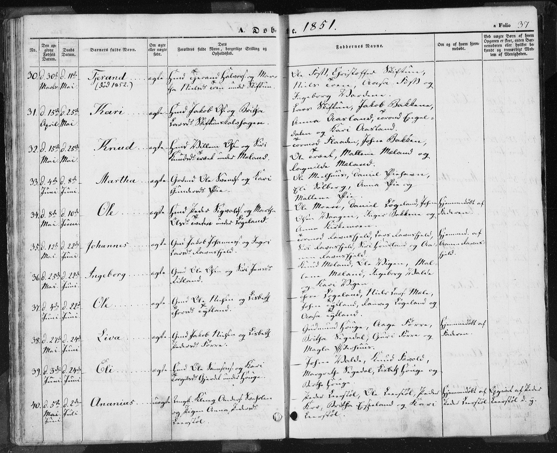 Hjelmeland sokneprestkontor, AV/SAST-A-101843/01/IV/L0009: Parish register (official) no. A 9, 1846-1860, p. 37