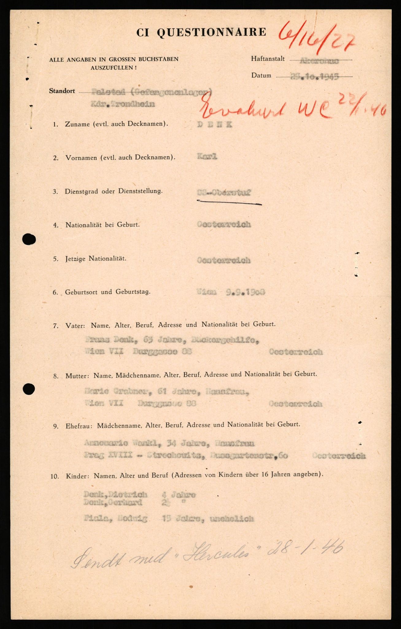 Forsvaret, Forsvarets overkommando II, RA/RAFA-3915/D/Db/L0038: CI Questionaires. Tyske okkupasjonsstyrker i Norge. Østerrikere., 1945-1946, p. 218