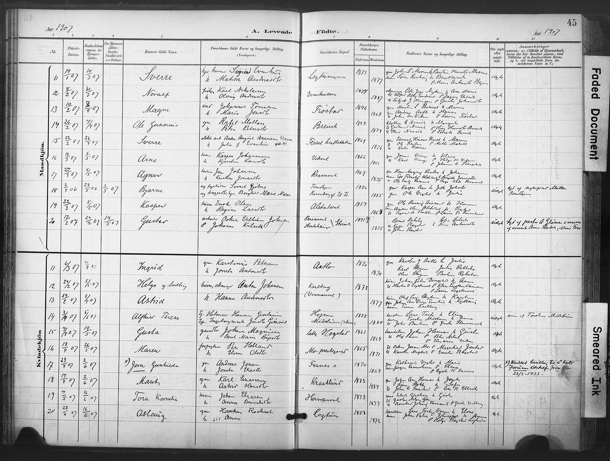 Ministerialprotokoller, klokkerbøker og fødselsregistre - Nord-Trøndelag, SAT/A-1458/713/L0122: Parish register (official) no. 713A11, 1899-1910, p. 45