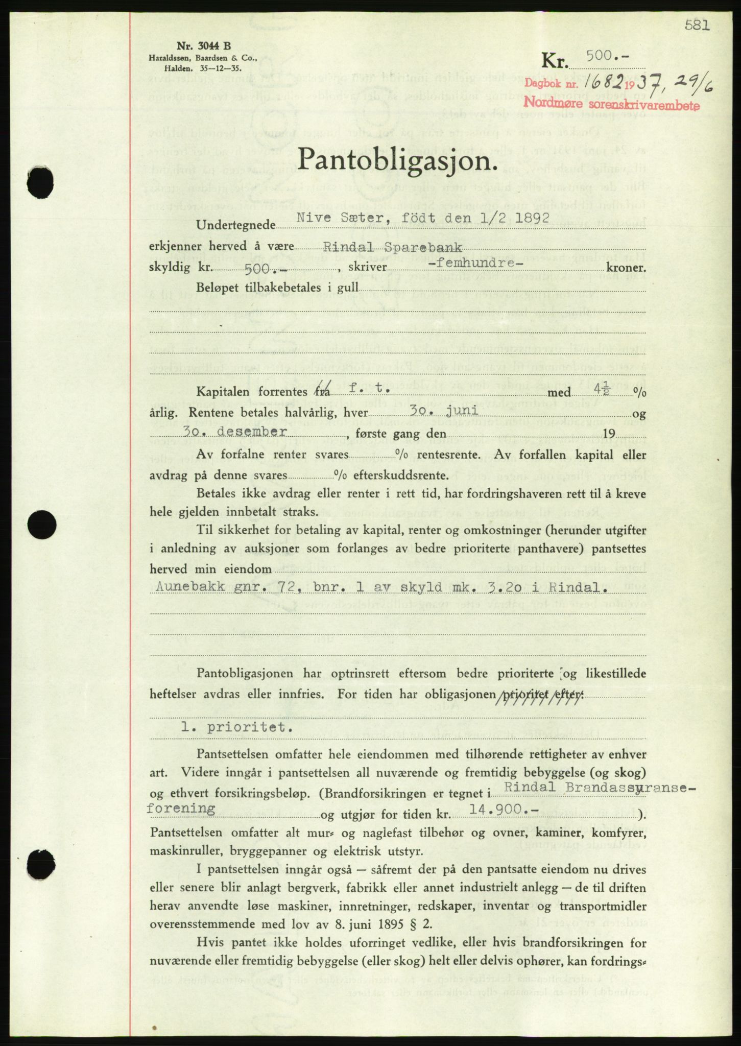 Nordmøre sorenskriveri, AV/SAT-A-4132/1/2/2Ca/L0091: Mortgage book no. B81, 1937-1937, Diary no: : 1682/1937