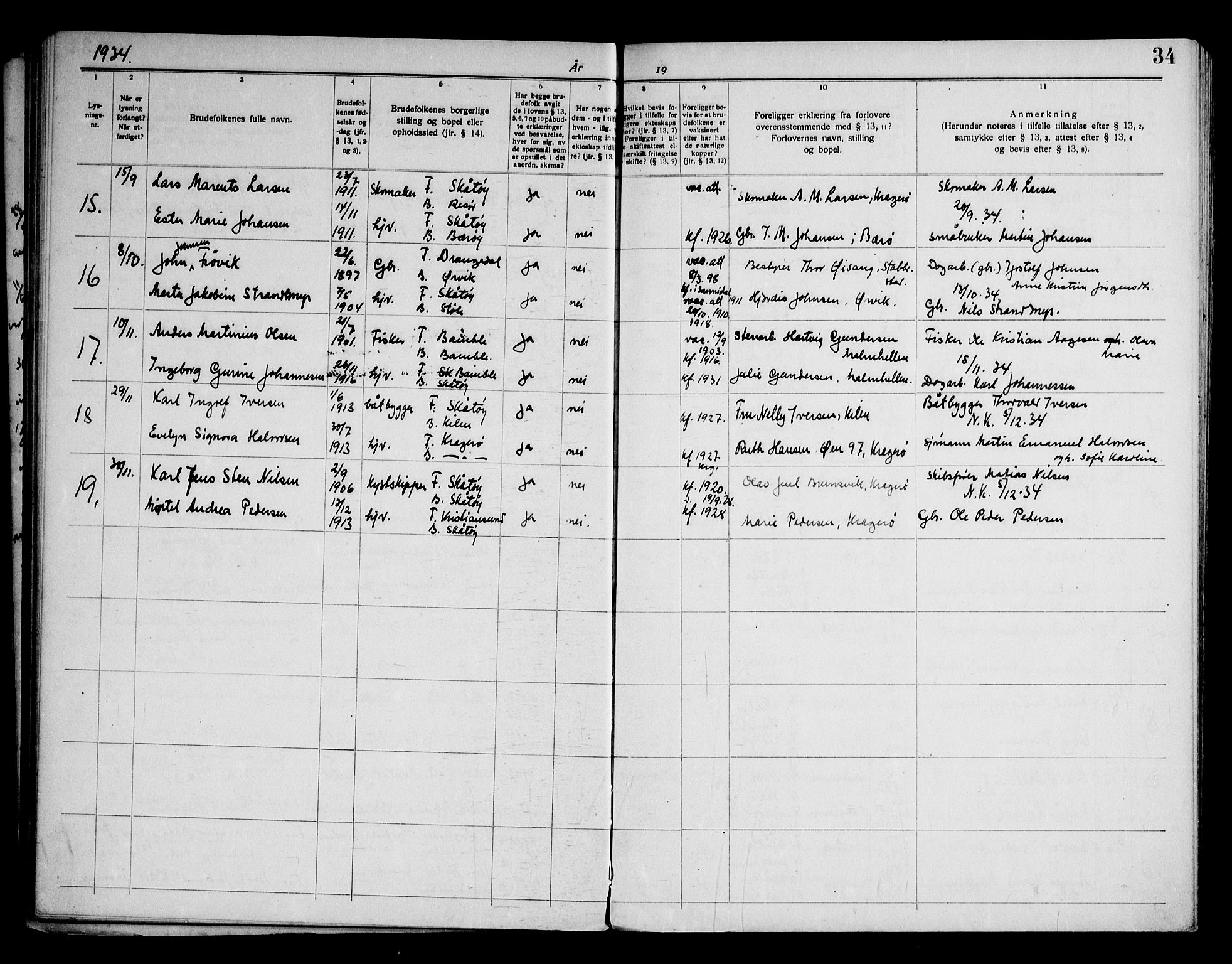 Skåtøy kirkebøker, AV/SAKO-A-304/H/Ha/L0001: Banns register no. 1, 1919-1961, p. 34