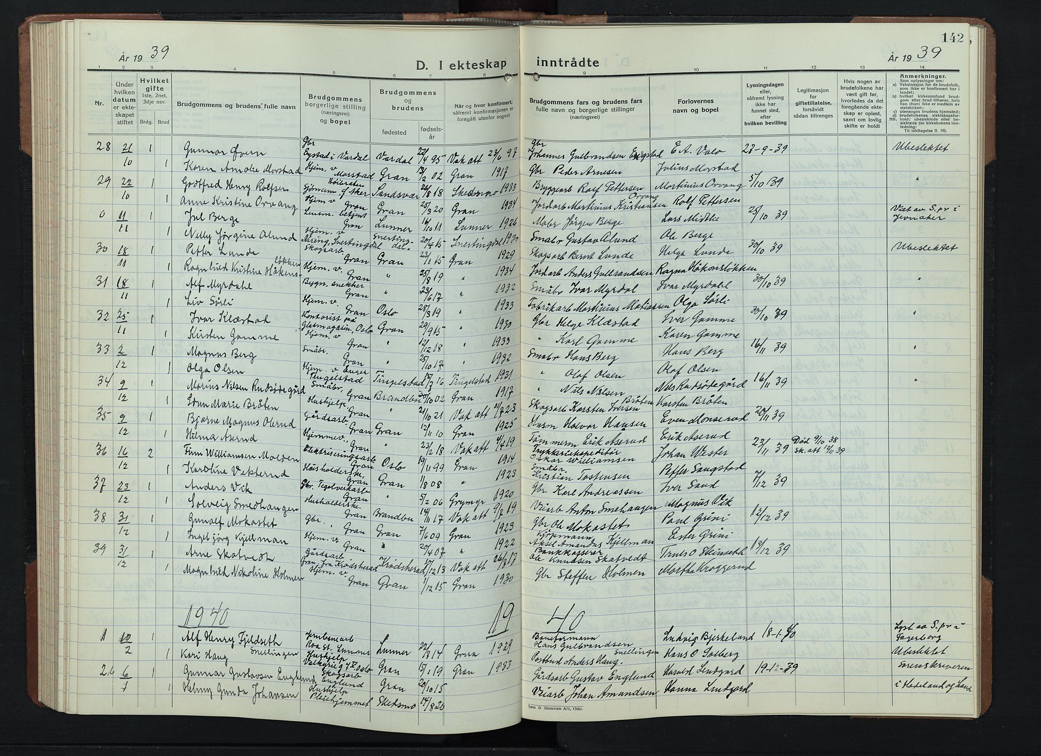 Gran prestekontor, AV/SAH-PREST-112/H/Ha/Hab/L0009: Parish register (copy) no. 9, 1933-1950, p. 142
