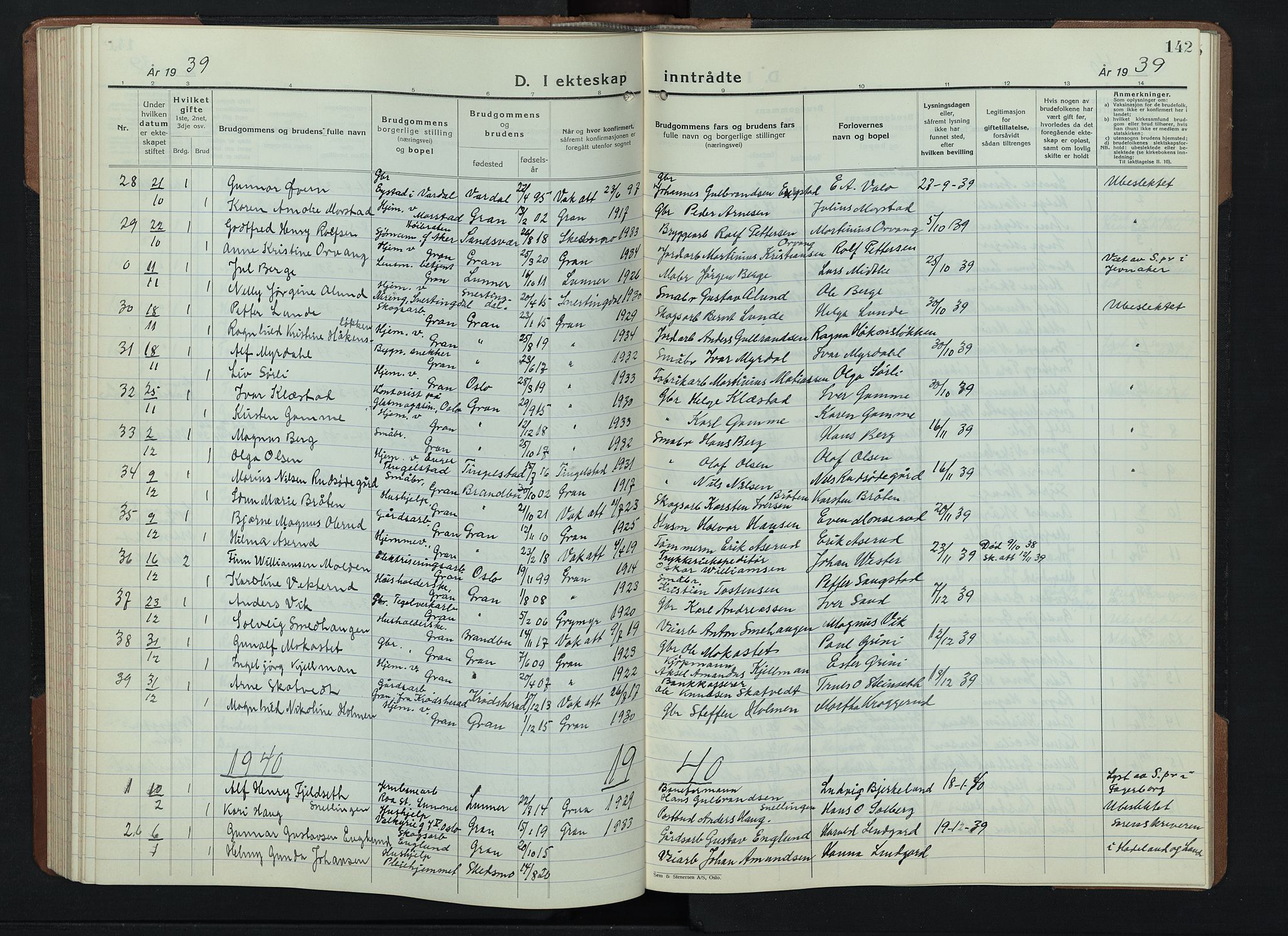 Gran prestekontor, SAH/PREST-112/H/Ha/Hab/L0009: Parish register (copy) no. 9, 1933-1950, p. 142