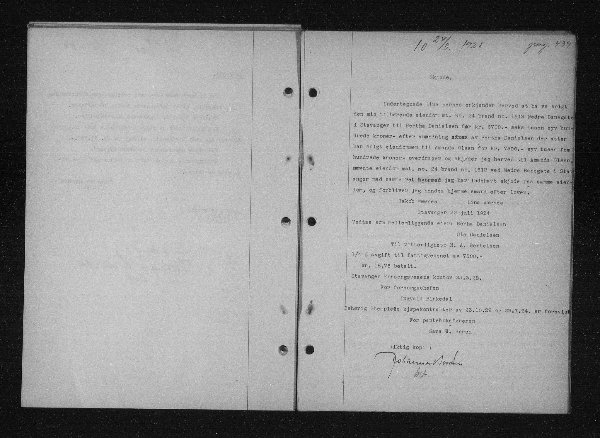 Stavanger byfogd, SAST/A-101408/001/4/41/410/410BB/L0053: Mortgage book no. 41, 1927-1928, Deed date: 24.03.1928