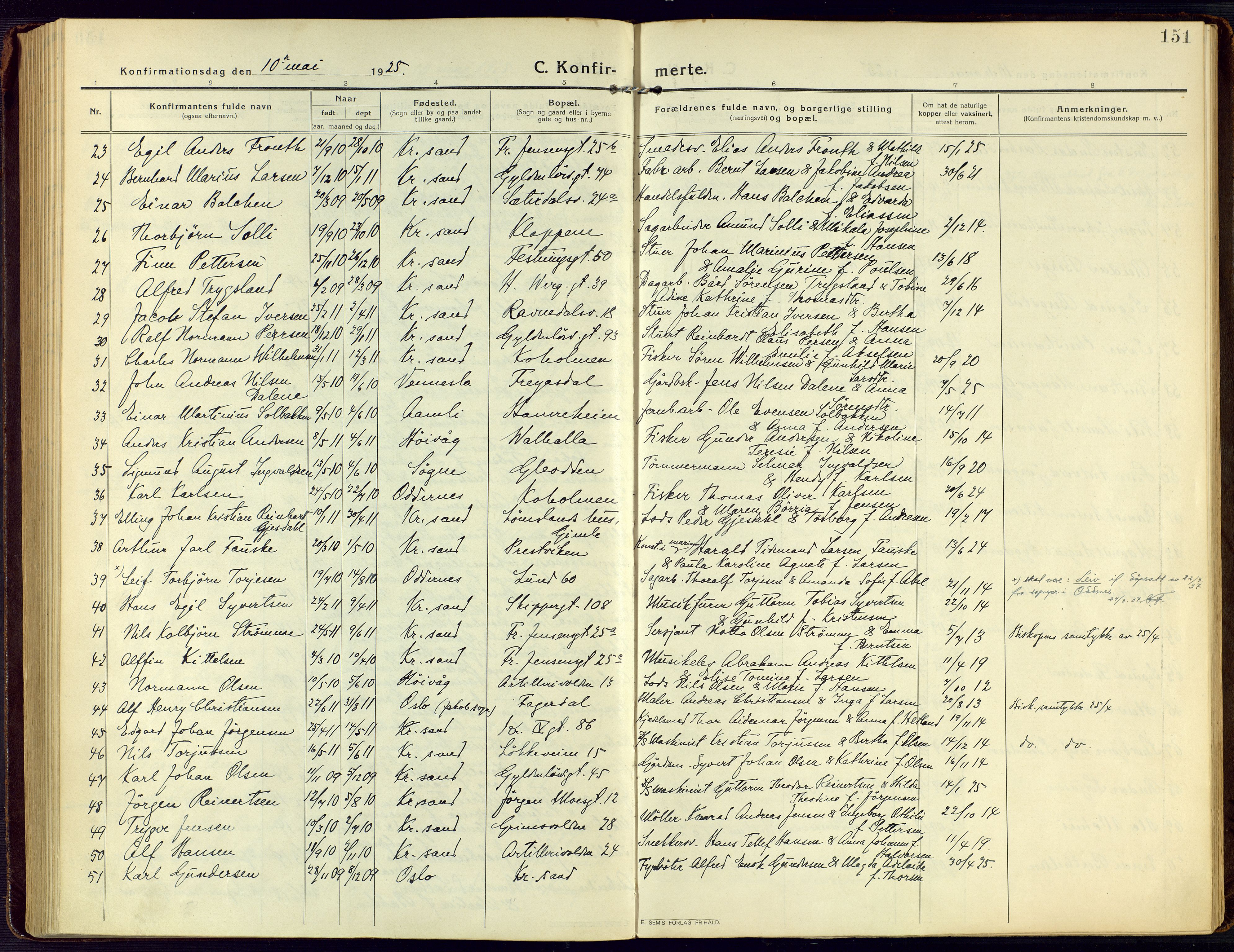 Kristiansand domprosti, SAK/1112-0006/F/Fa/L0026: Parish register (official) no. A 25, 1916-1928, p. 151