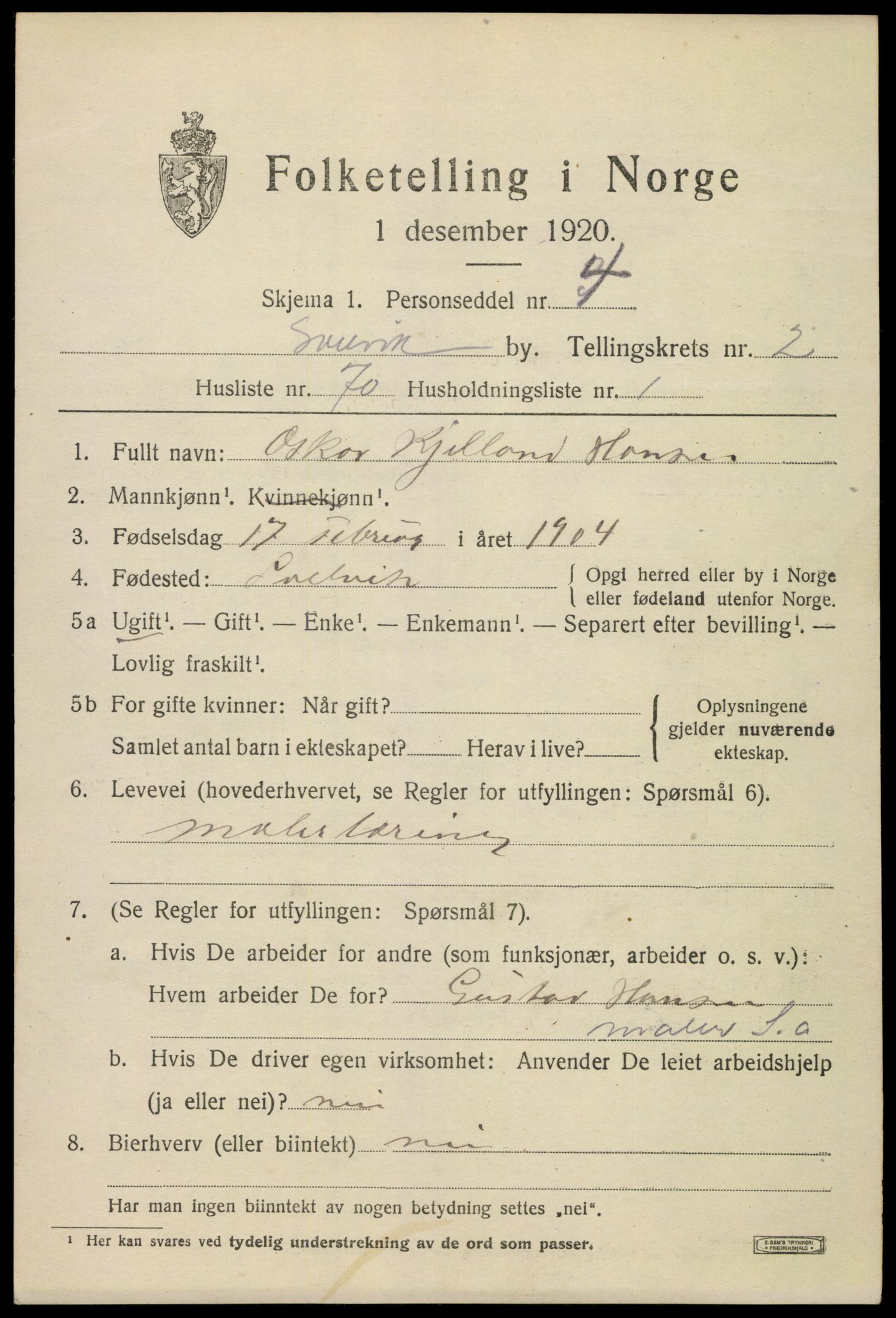 SAKO, 1920 census for Svelvik, 1920, p. 3119