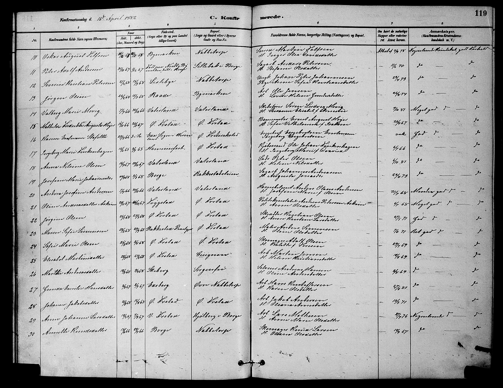 Østre Fredrikstad prestekontor Kirkebøker, SAO/A-10907/G/Ga/L0001: Parish register (copy) no. 1, 1880-1899, p. 119