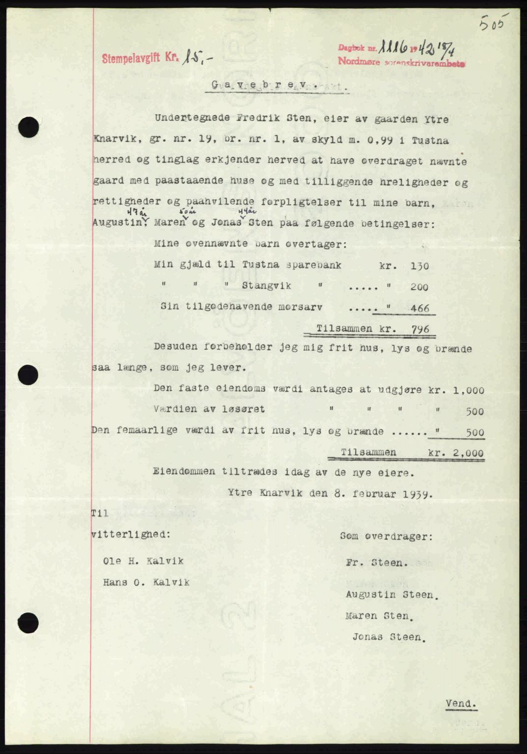 Nordmøre sorenskriveri, AV/SAT-A-4132/1/2/2Ca: Mortgage book no. A92, 1942-1942, Diary no: : 1116/1942