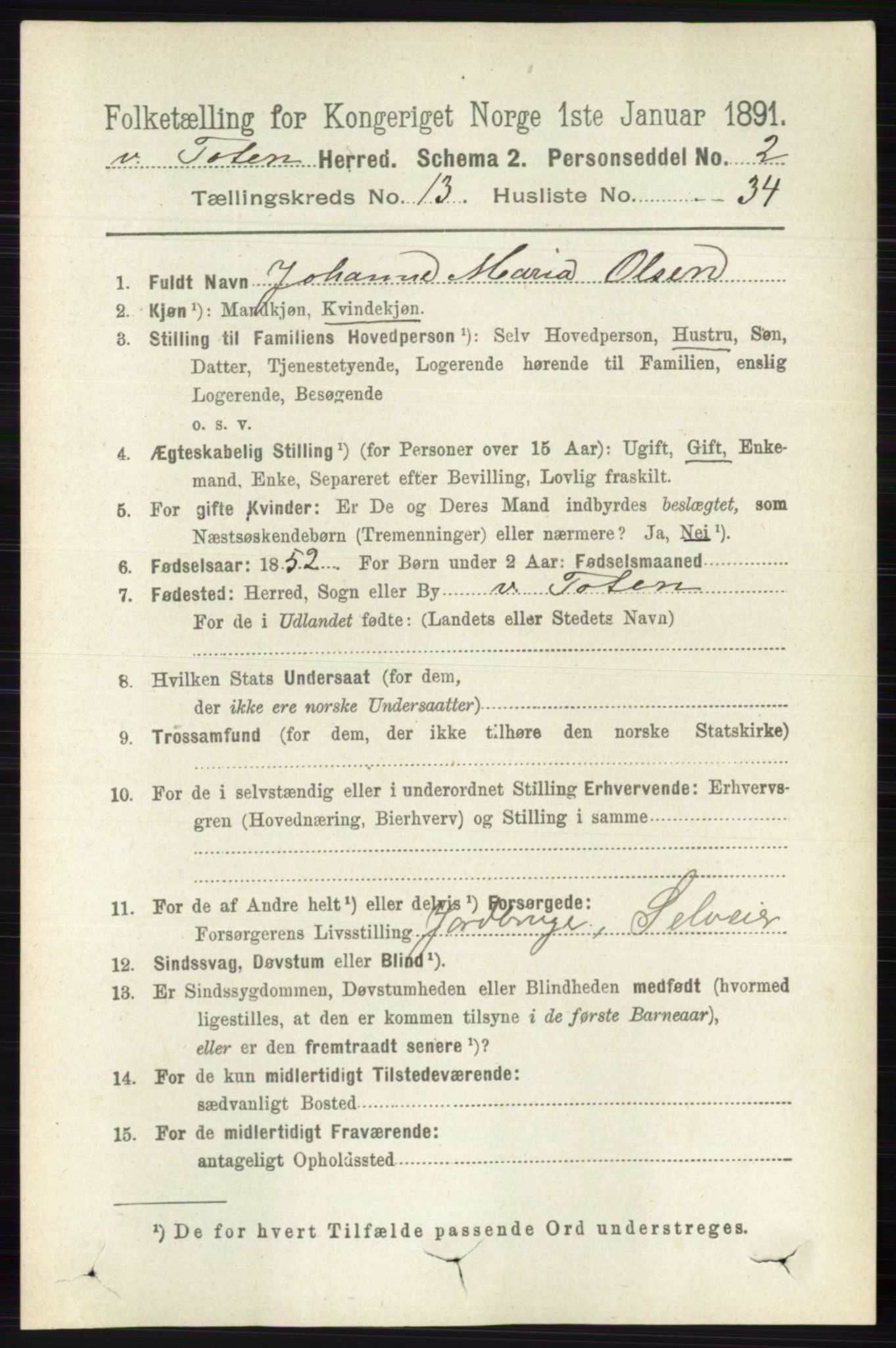RA, 1891 census for 0529 Vestre Toten, 1891, p. 7985