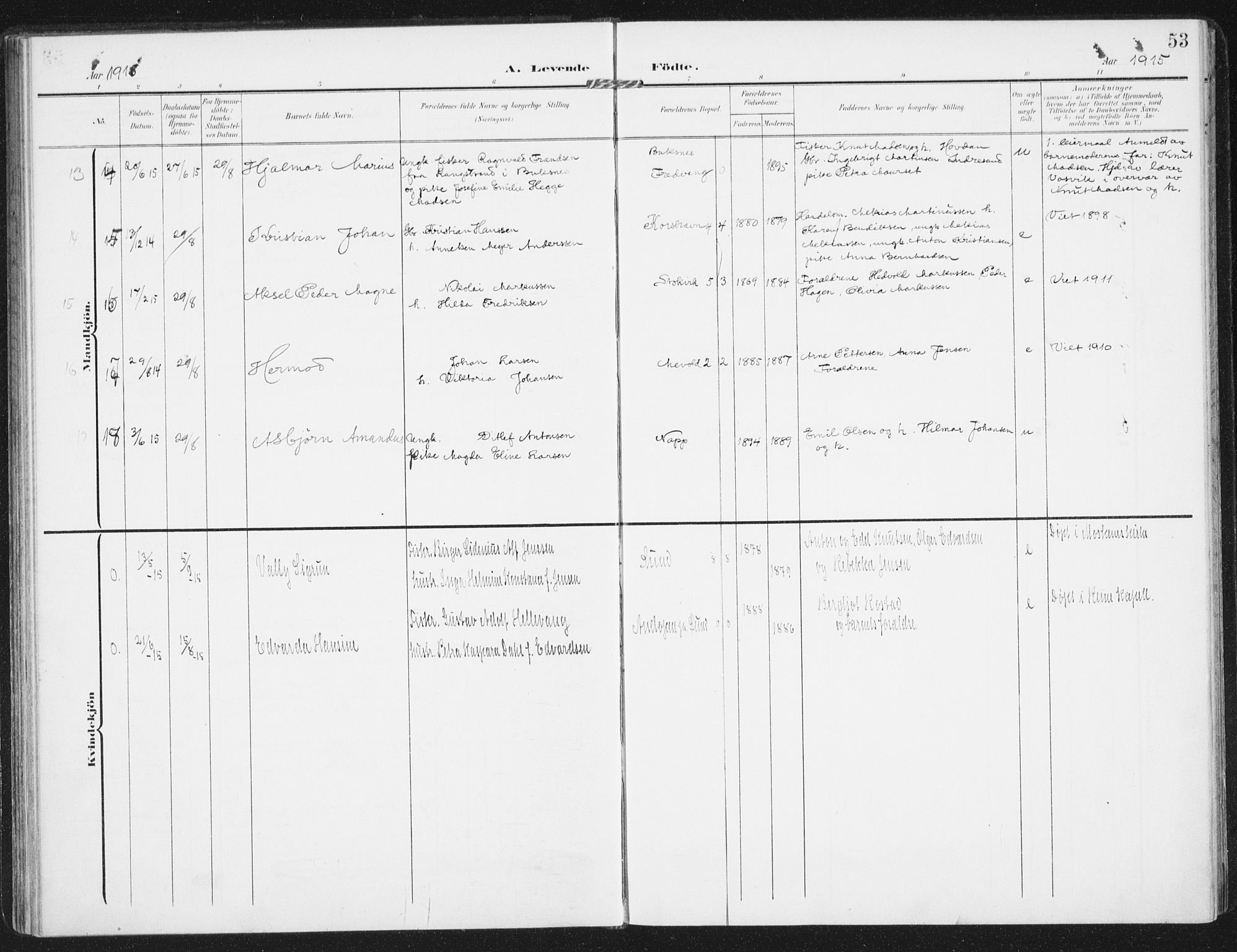 Ministerialprotokoller, klokkerbøker og fødselsregistre - Nordland, SAT/A-1459/885/L1206: Parish register (official) no. 885A07, 1905-1915, p. 53