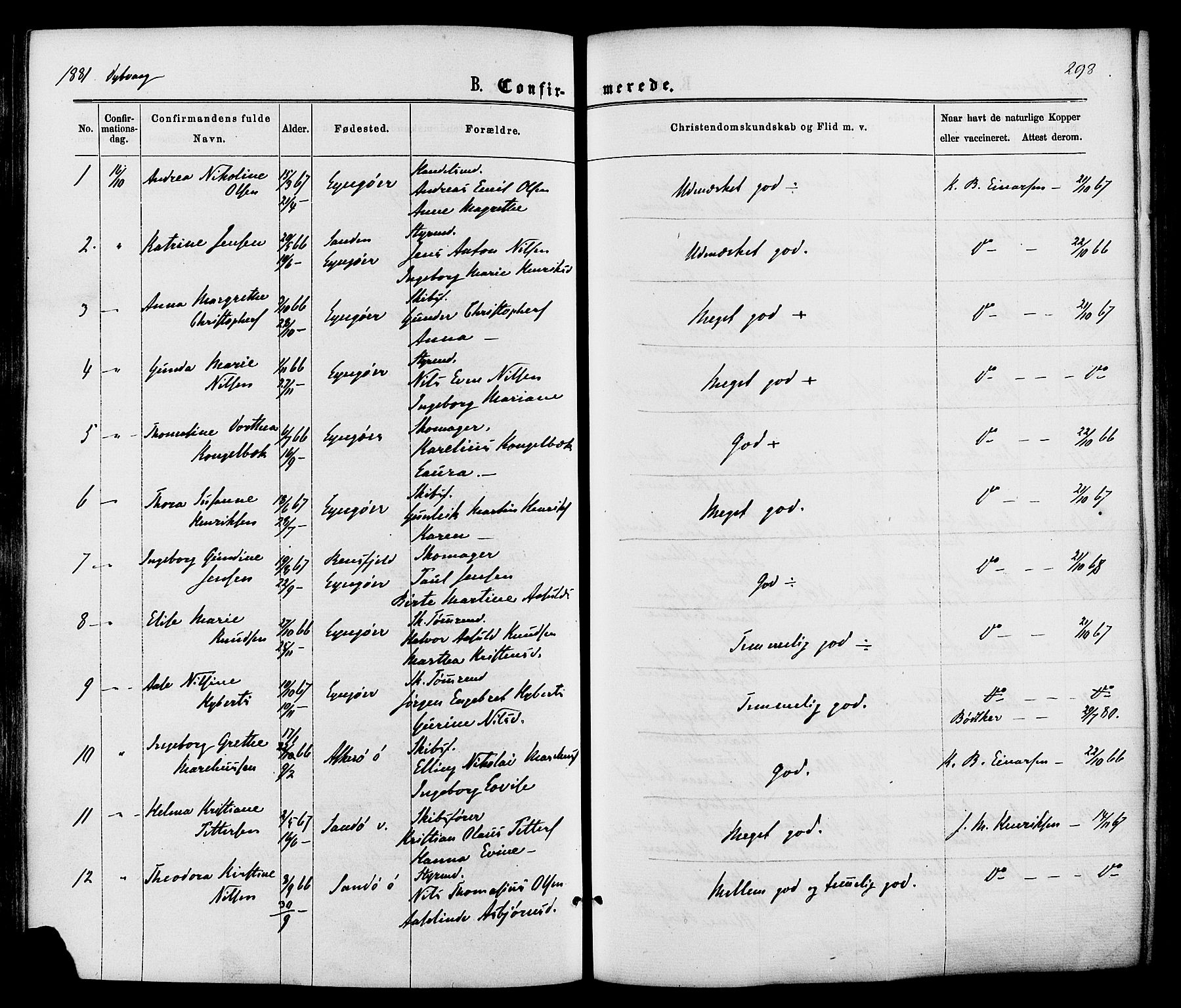 Dypvåg sokneprestkontor, AV/SAK-1111-0007/F/Fa/Faa/L0007: Parish register (official) no. A 7/ 1, 1872-1884, p. 298