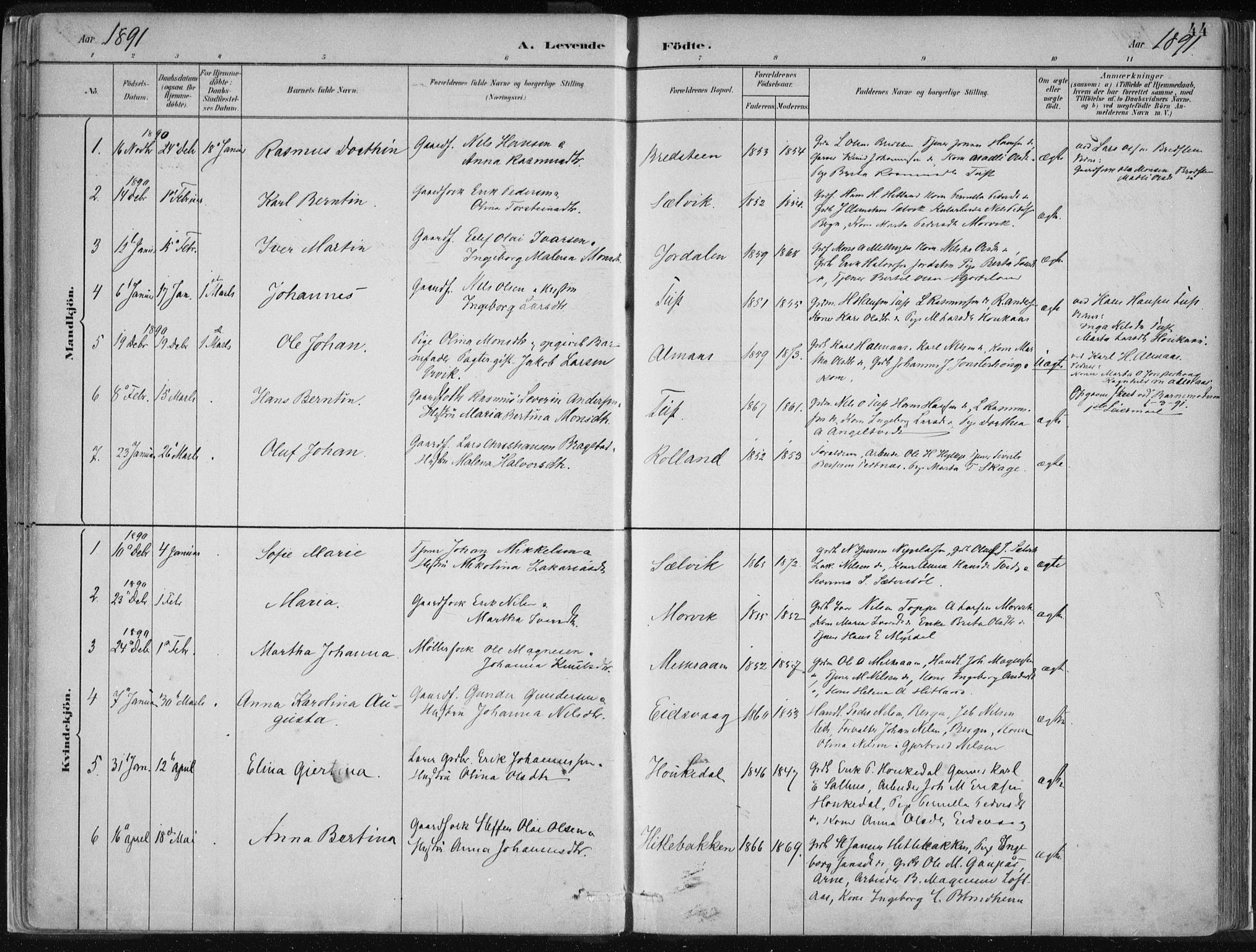 Hamre sokneprestembete, SAB/A-75501/H/Ha/Haa/Haad/L0001: Parish register (official) no. D  1, 1882-1906, p. 44