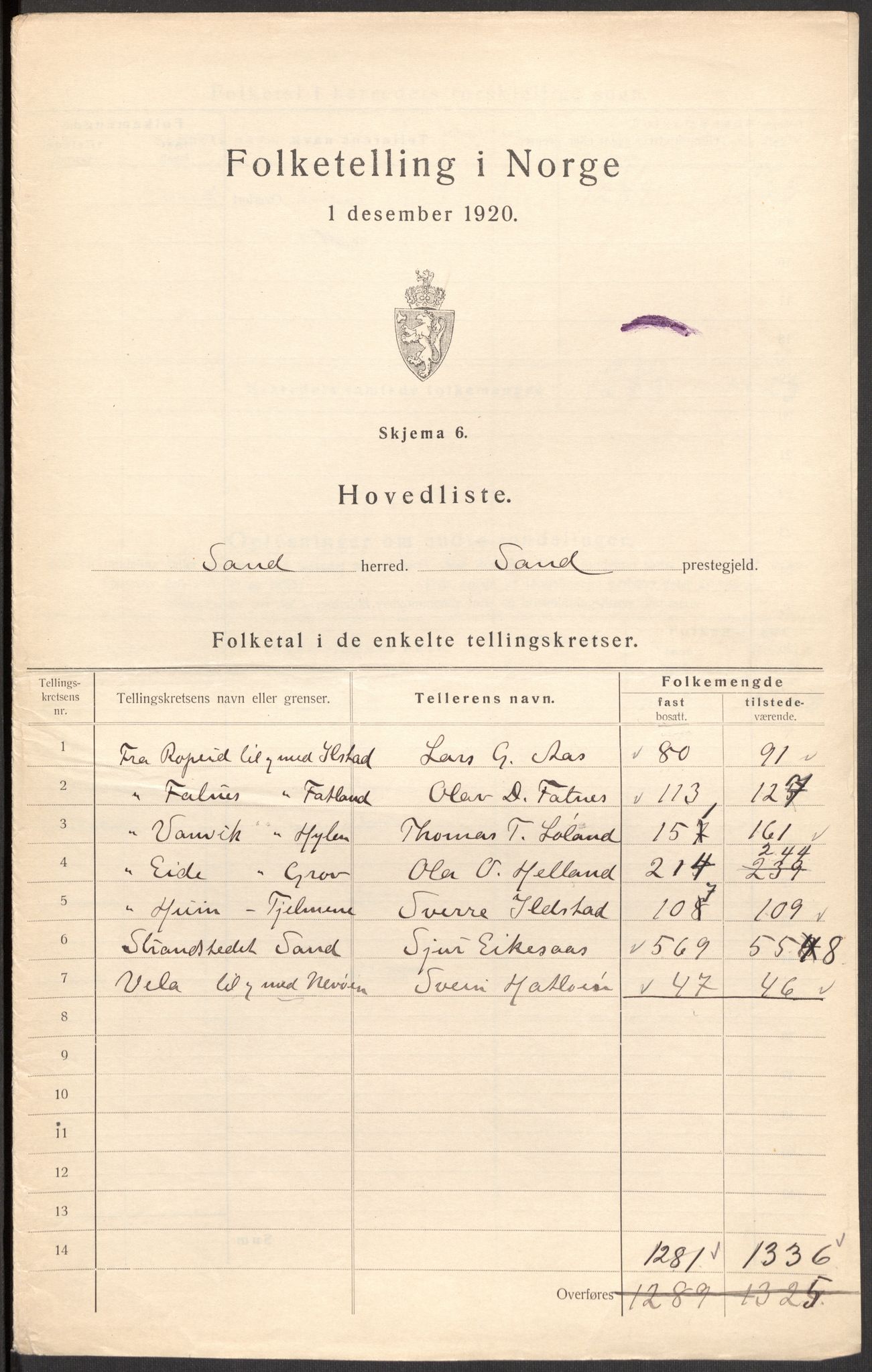 SAST, 1920 census for Sand, 1920, p. 6