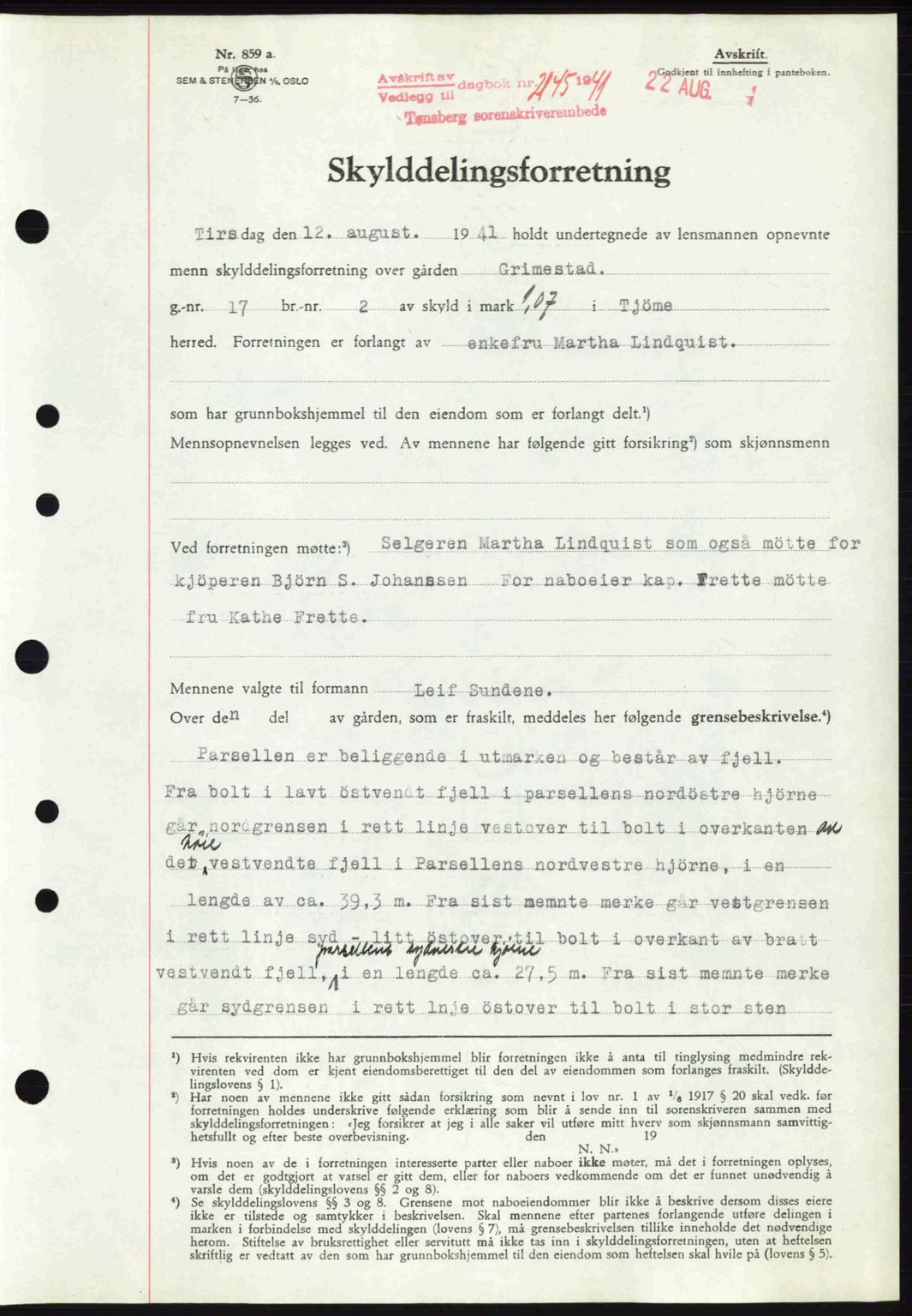 Tønsberg sorenskriveri, AV/SAKO-A-130/G/Ga/Gaa/L0010: Mortgage book no. A10, 1941-1941, Diary no: : 2145/1941