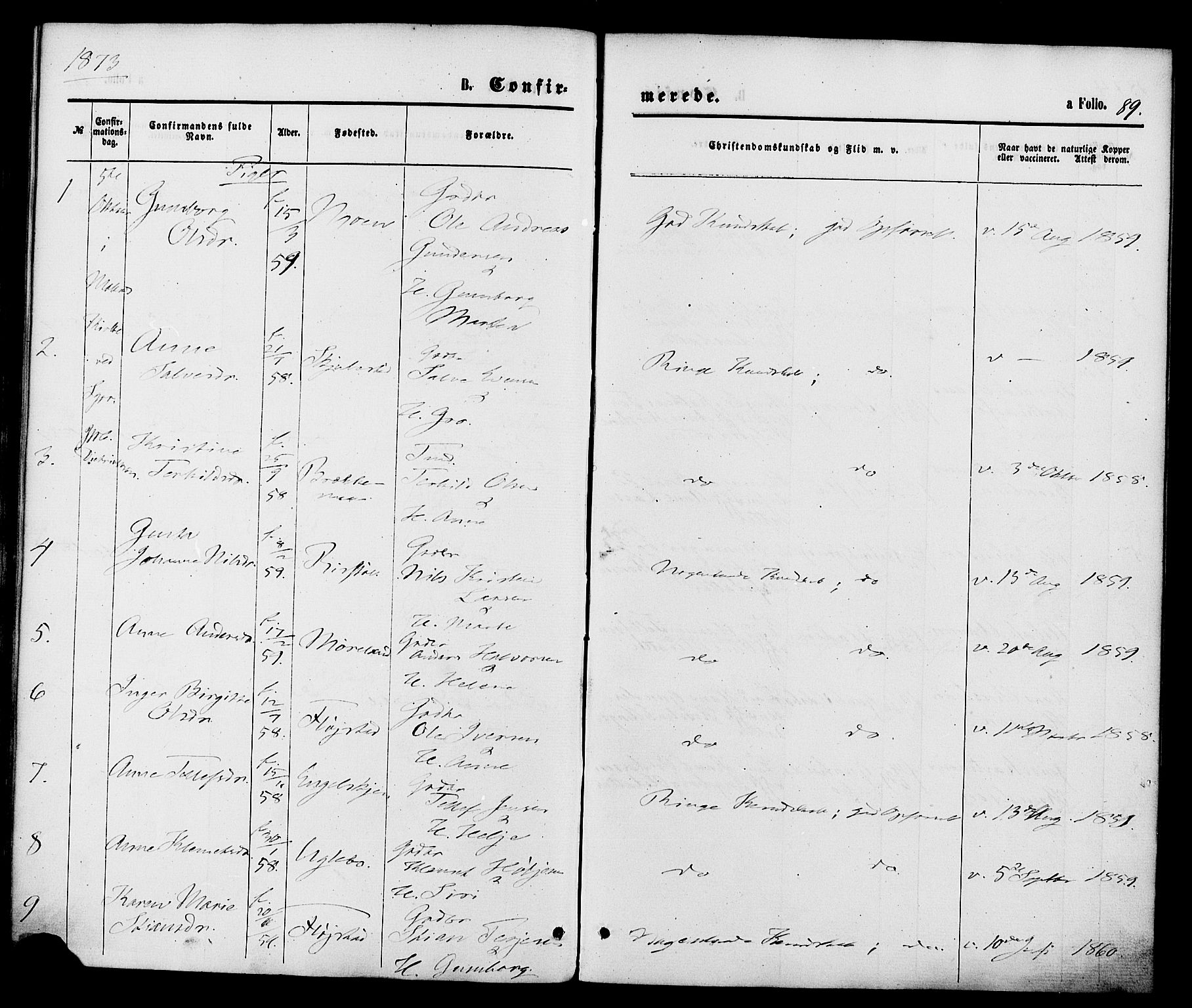 Austre Moland sokneprestkontor, AV/SAK-1111-0001/F/Fa/Faa/L0009: Parish register (official) no. A 9, 1869-1879, p. 89